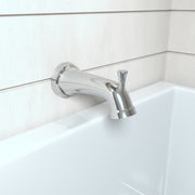 Chrome tub spout with curved diverter lever mounted on white tile wall above bathtub.
