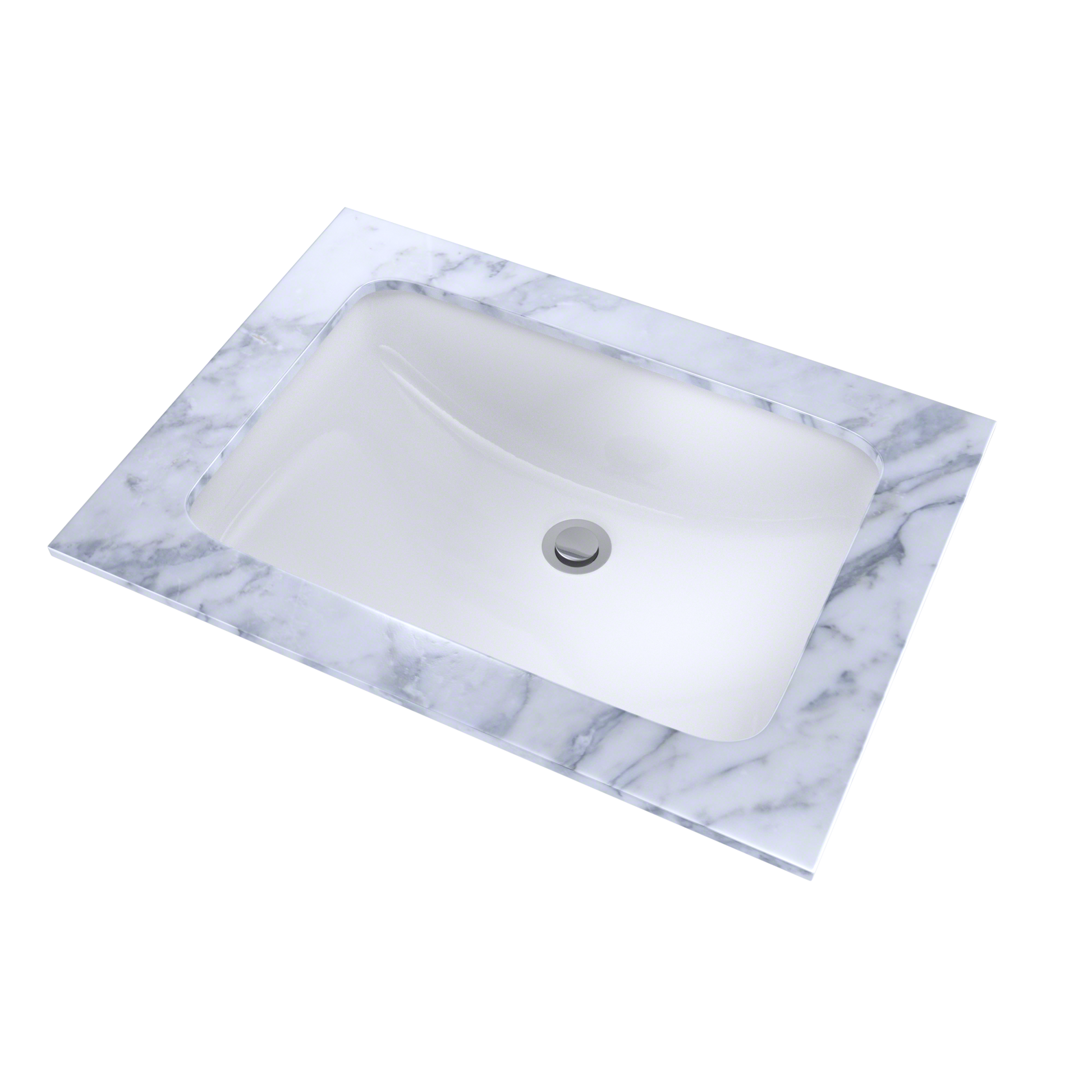 White rectangular undermount bathroom sink with gray metal drain stopper on marble-look countertop frame.