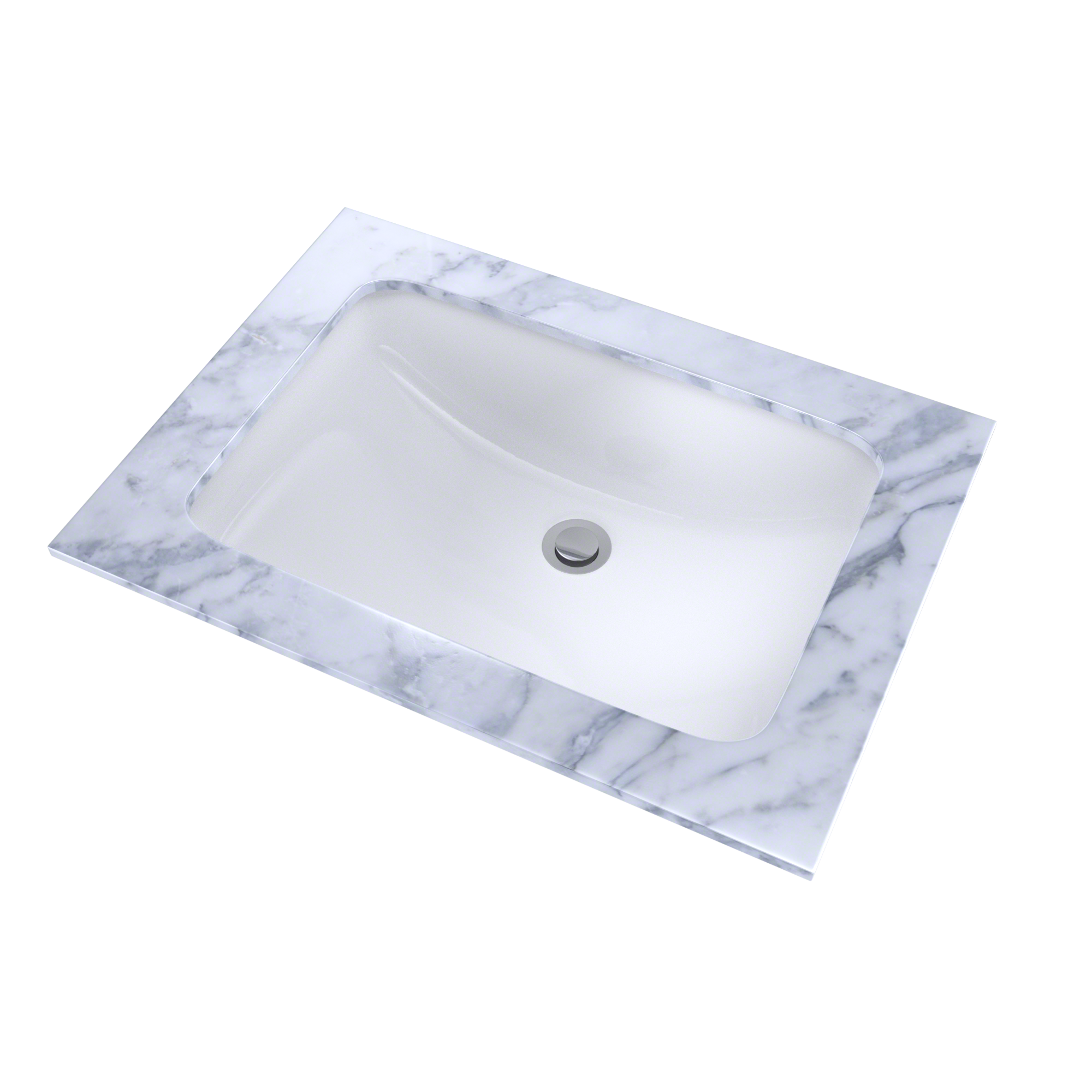 White rectangular undermount bathroom sink with gray metal drain stopper on marble-look countertop frame.