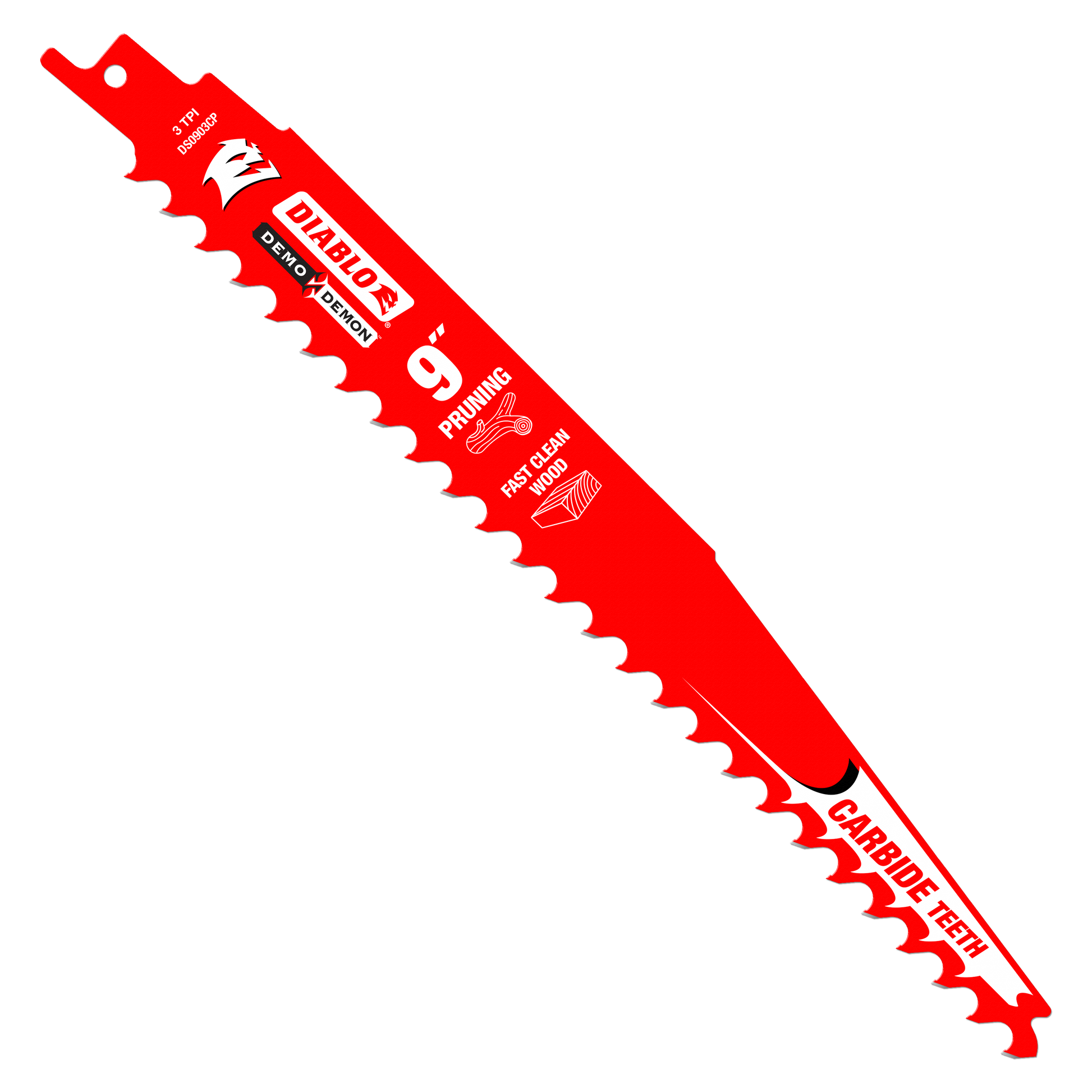 Red Diablo 9-inch carbide-tipped reciprocating saw blade with serrated cutting edge and mounting hole.