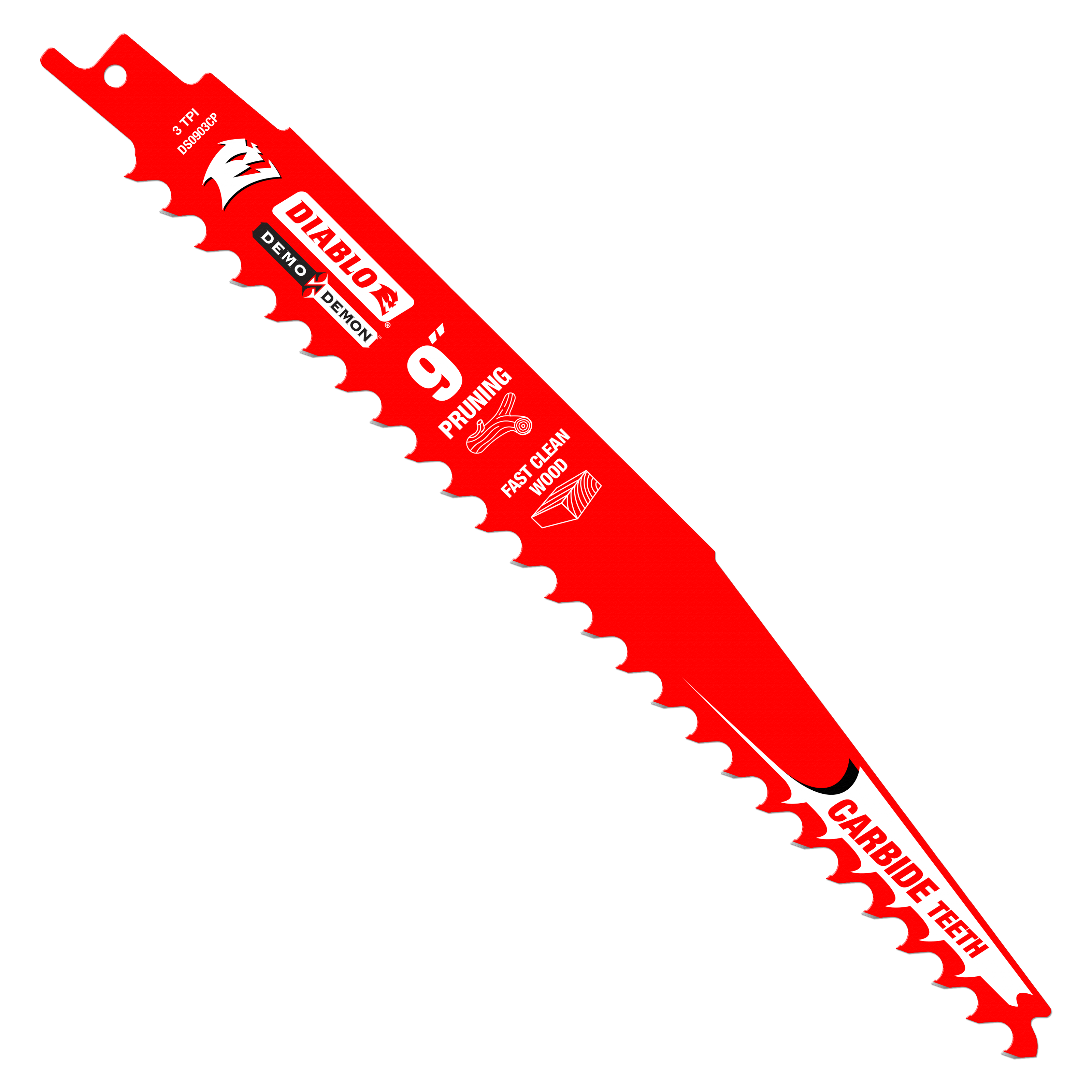 Red Diablo 9-inch carbide-tipped reciprocating saw blade with serrated cutting edge and mounting hole.