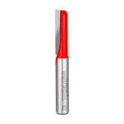 Red and silver carbide router bit with straight cutting flute and cylindrical shank.