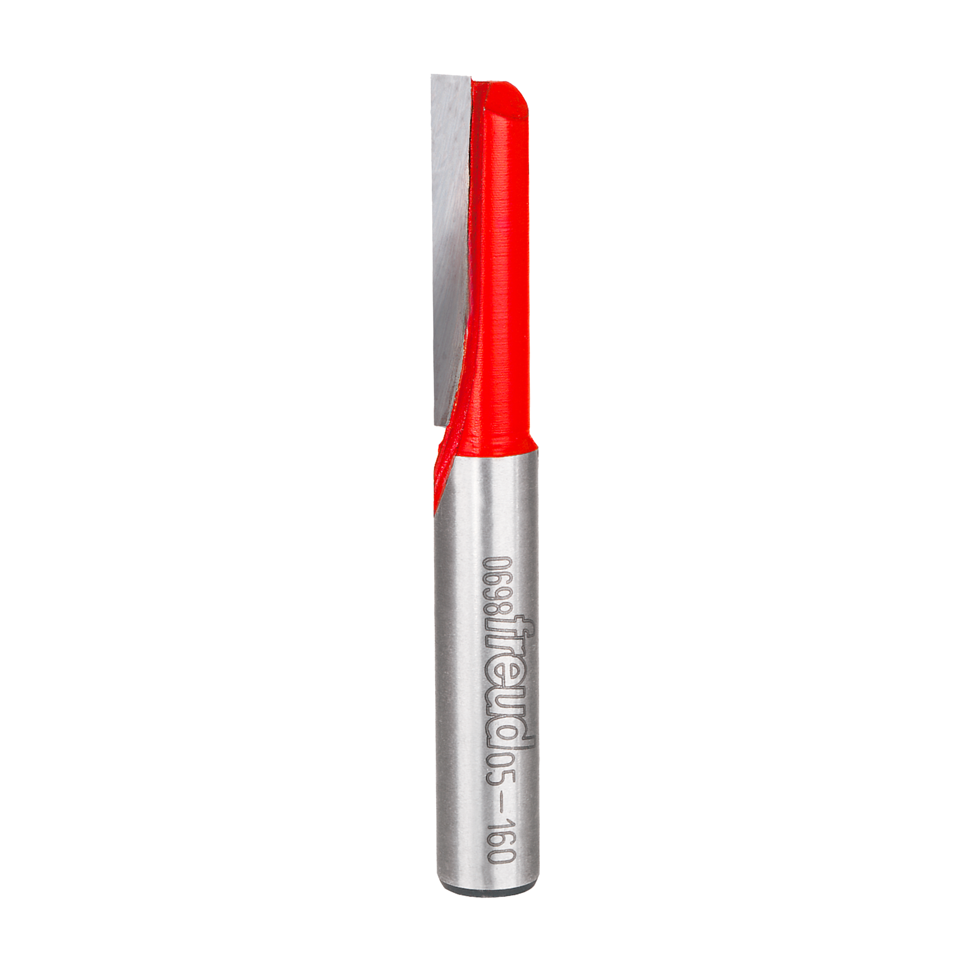 Red and silver carbide router bit with straight cutting flute and cylindrical shank.