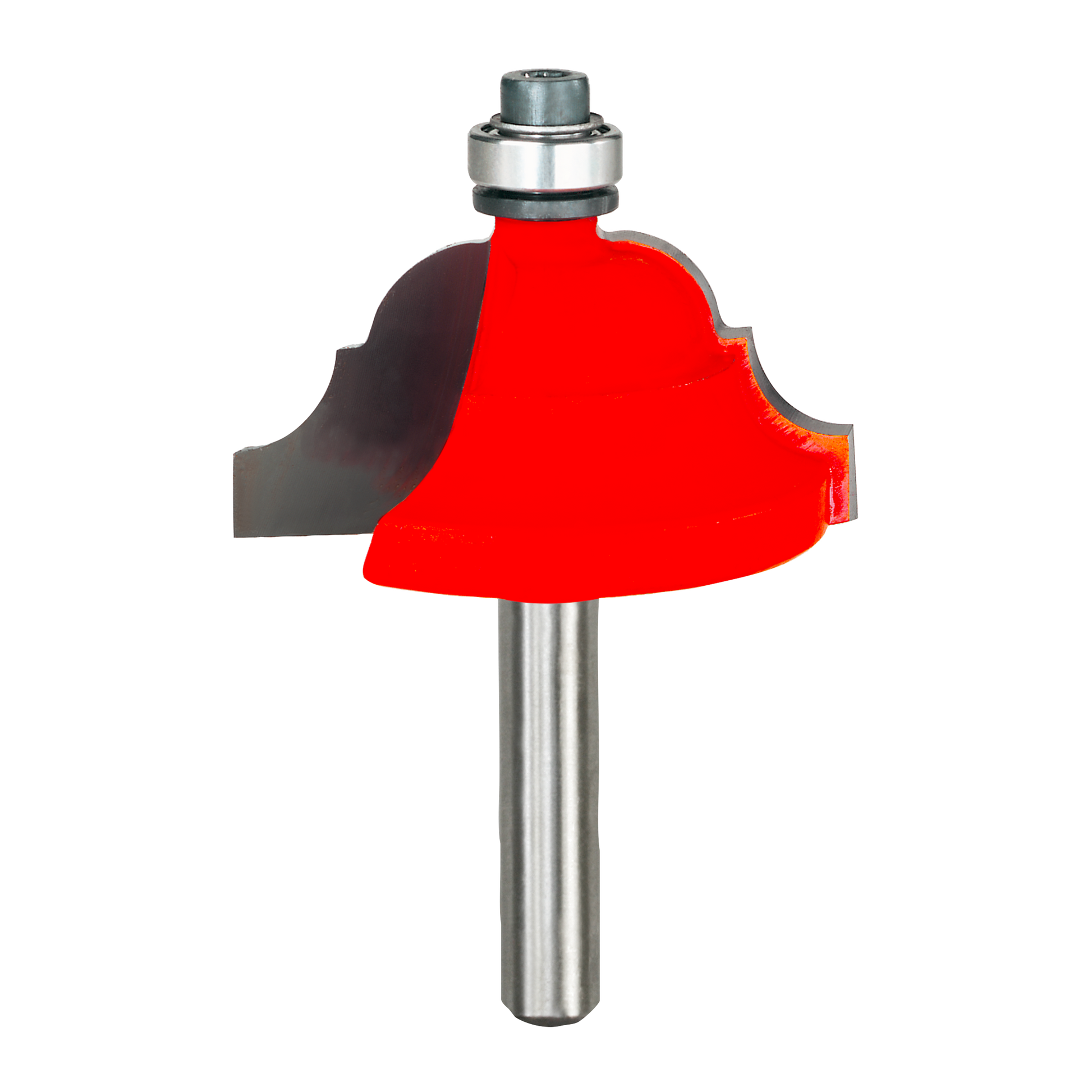 Red cove and bead router bit with metal shank and ball bearing collar.