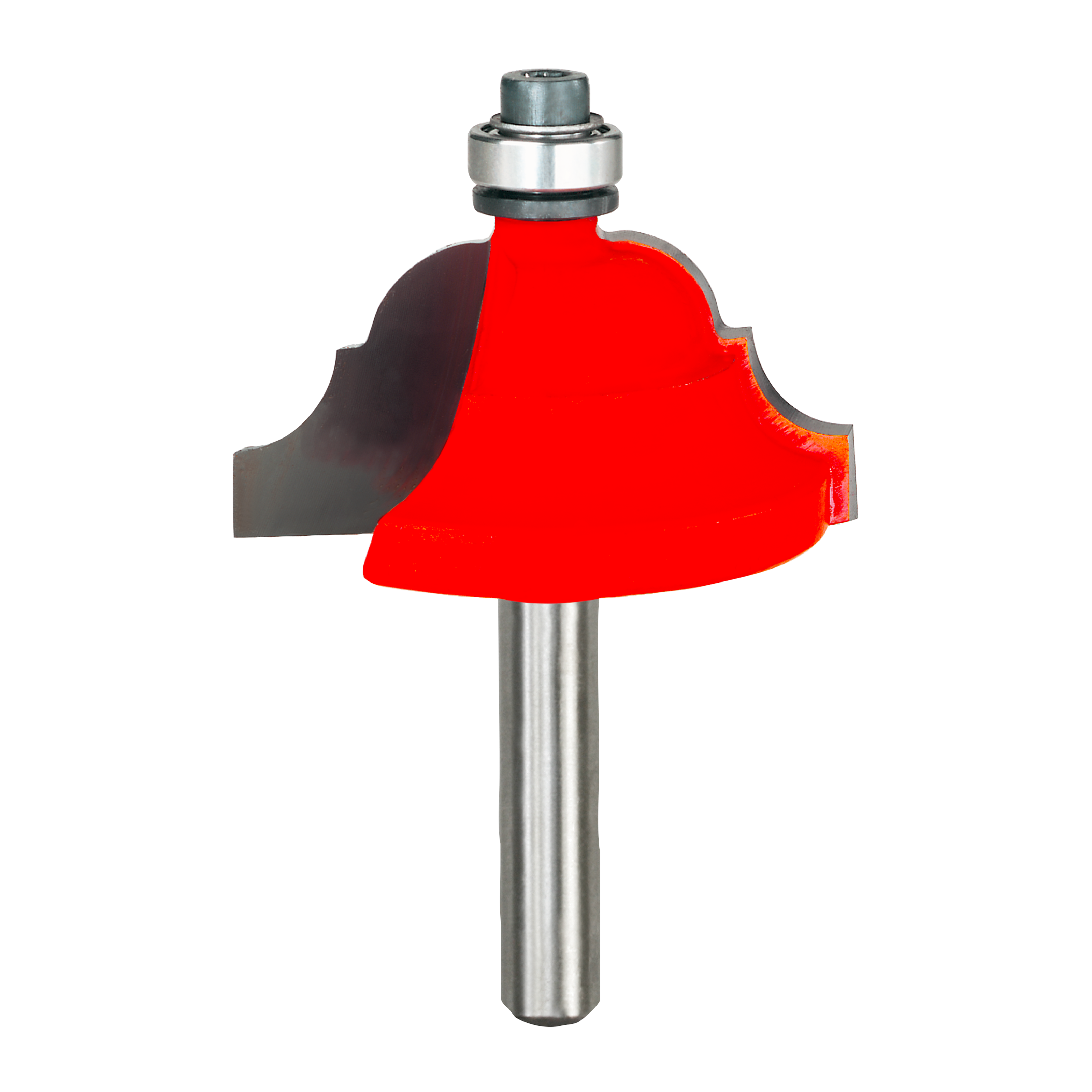 Red cove and bead router bit with metal shank and ball bearing collar.