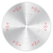 Freud circular saw blade with silver coating and red wavy tooth markings around perimeter, center arbor hole visible.