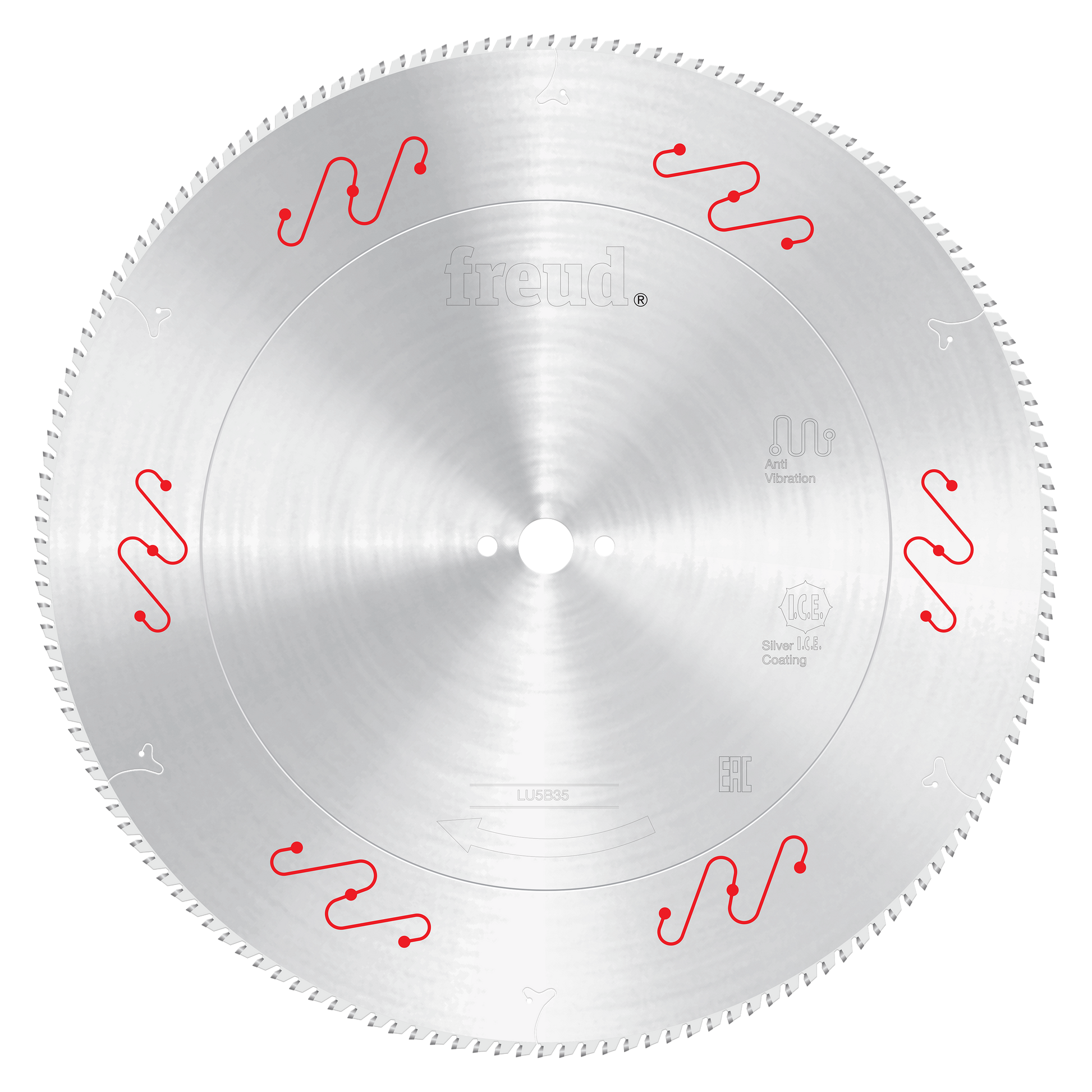 Freud circular saw blade with silver coating and red wavy tooth markings around perimeter, center arbor hole visible.