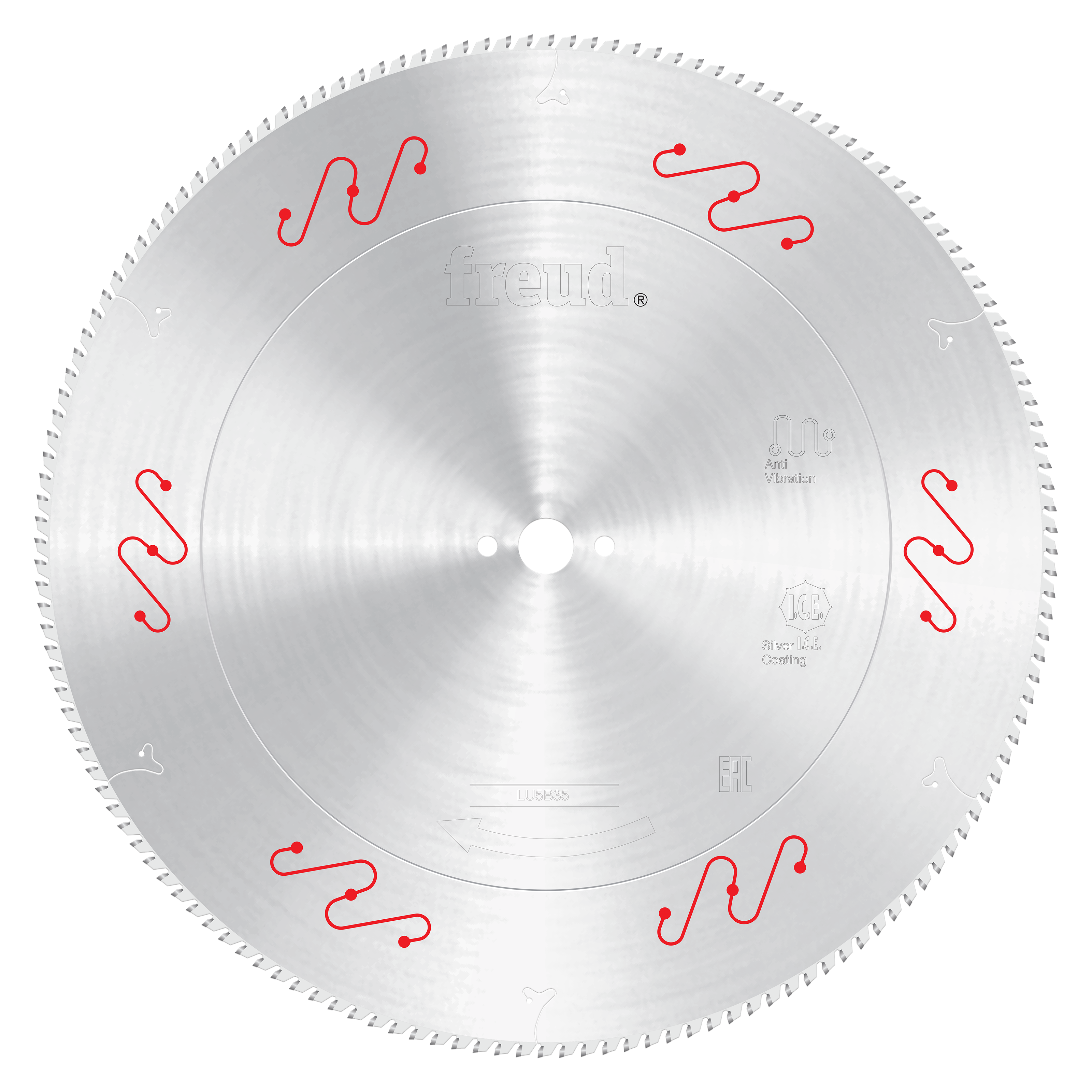 Freud circular saw blade with silver coating and red wavy tooth markings around perimeter, center arbor hole visible.