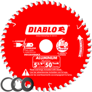Red circular saw blade with 50 silver-tipped teeth around the perimeter, white center arbor hole, and Diablo branding.
