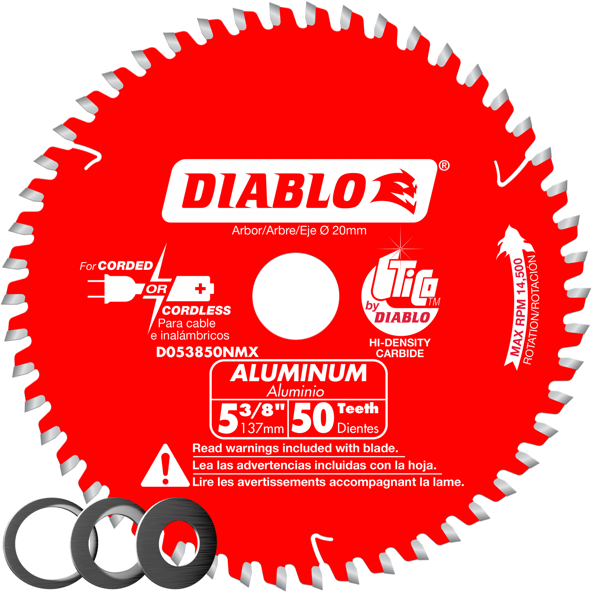 Red circular saw blade with 50 silver-tipped teeth around the perimeter, white center arbor hole, and Diablo branding.