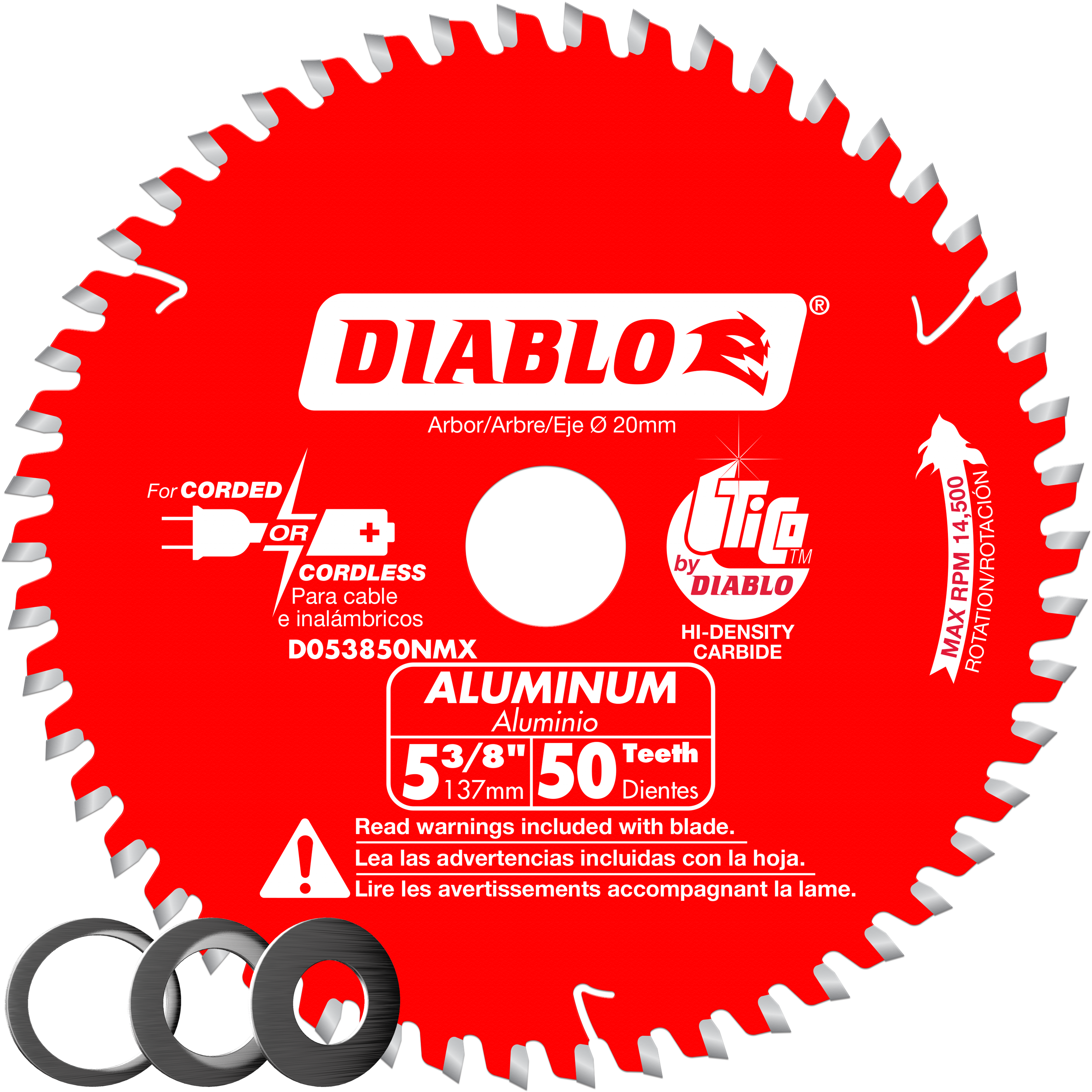 Red circular saw blade with 50 silver-tipped teeth around the perimeter, white center arbor hole, and Diablo branding.