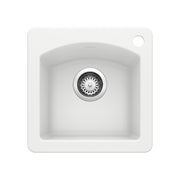 White single-basin drop-in kitchen sink with rounded corners and chrome drain strainer, viewed from above.