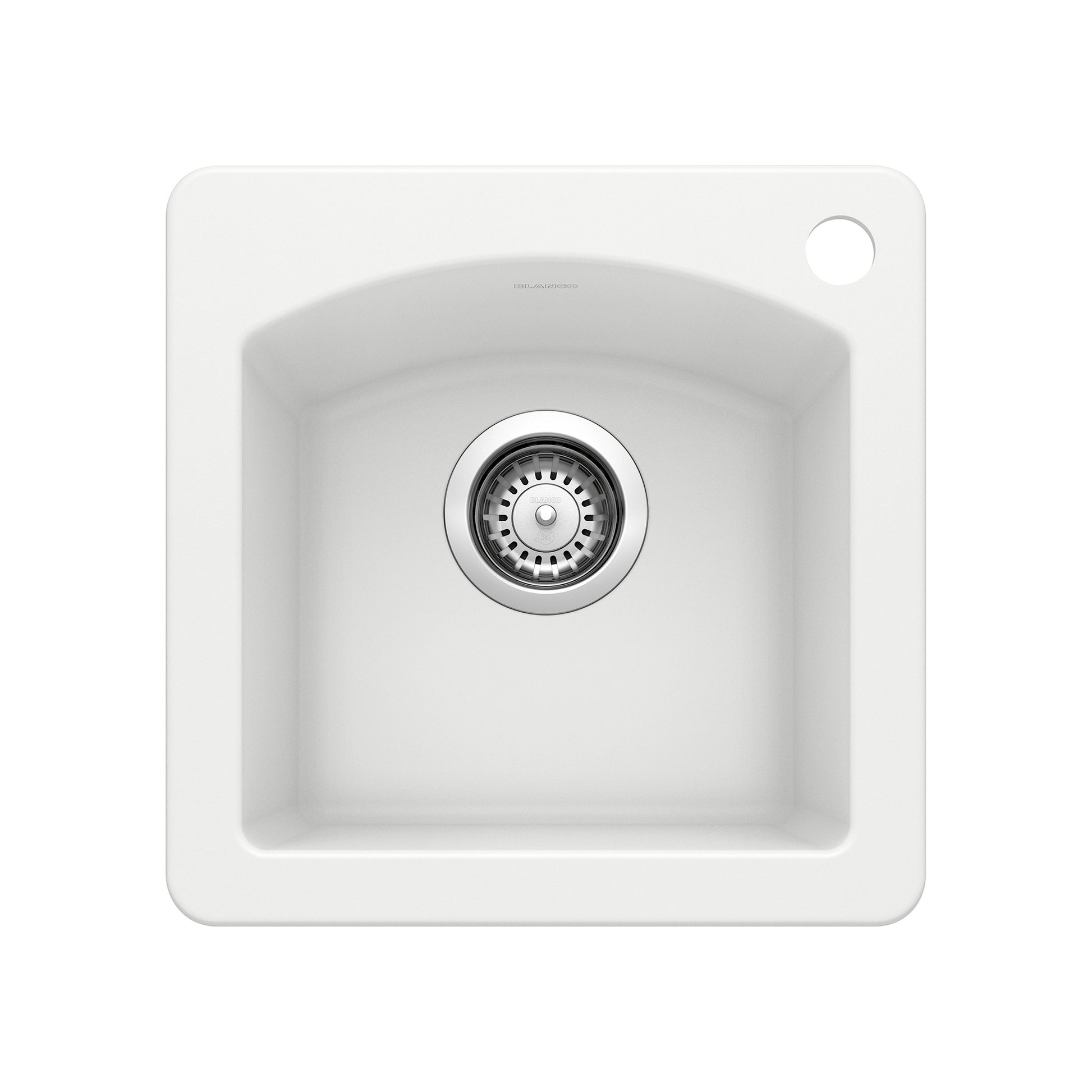 White single-basin drop-in kitchen sink with rounded corners and chrome drain strainer, viewed from above.