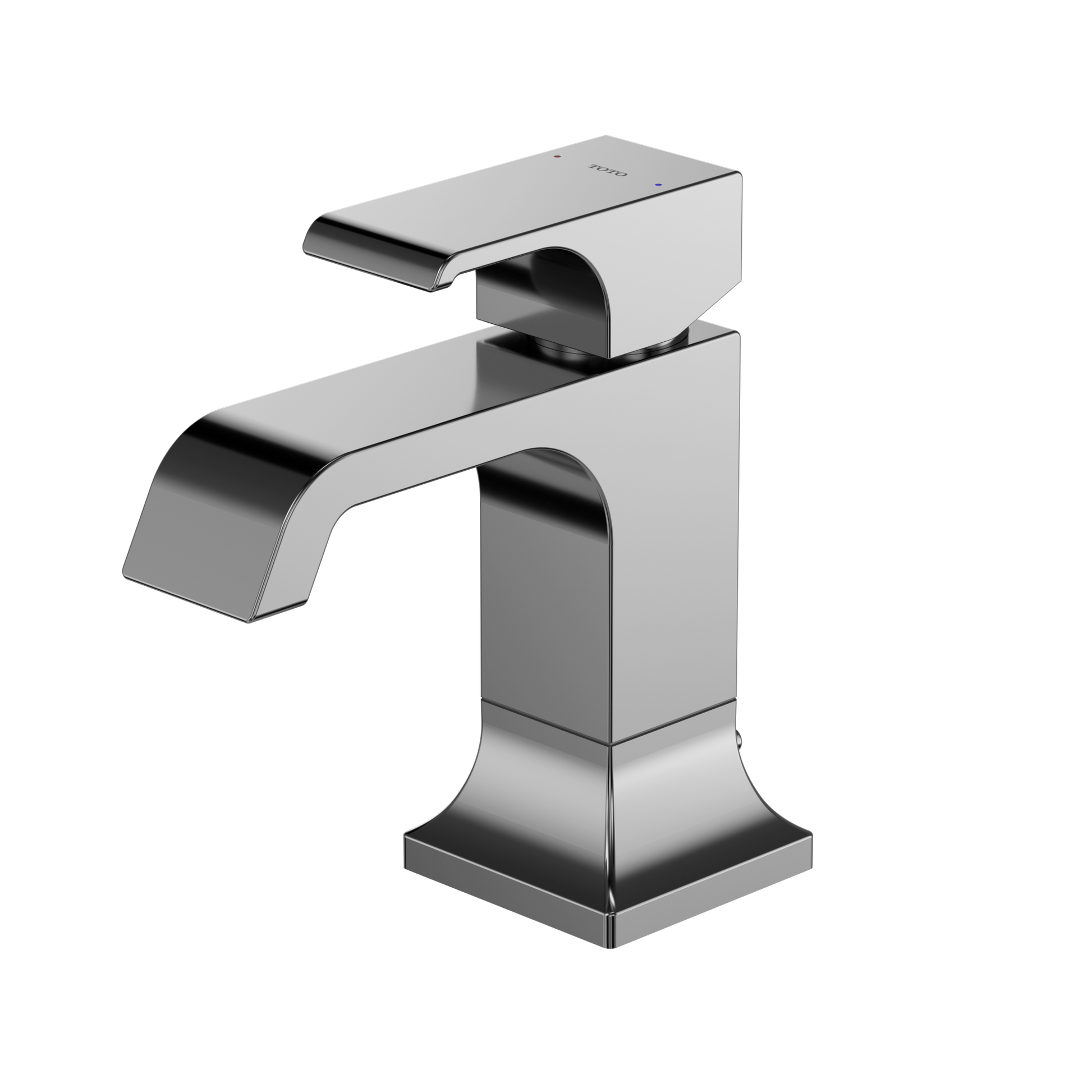Polished chrome single-handle bathroom sink faucet with curved spout and square base.