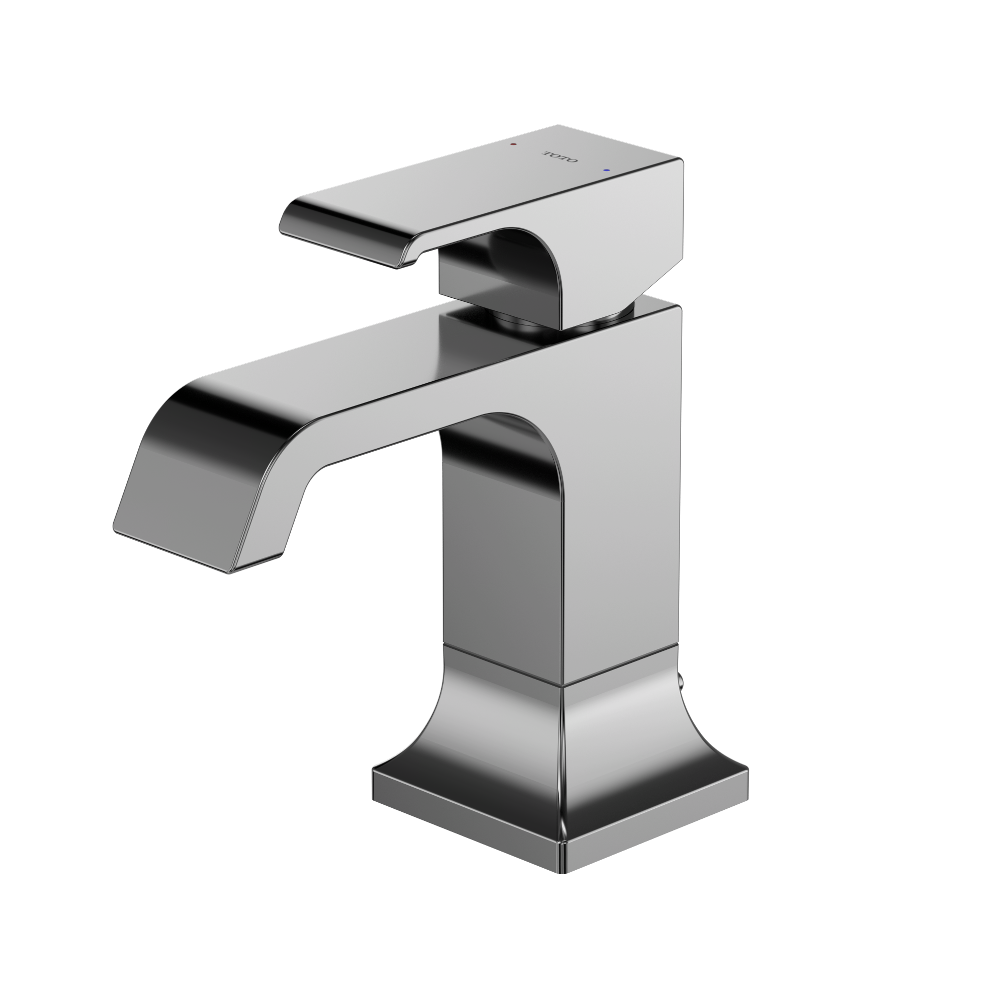 Polished chrome single-handle bathroom sink faucet with curved spout and square base.