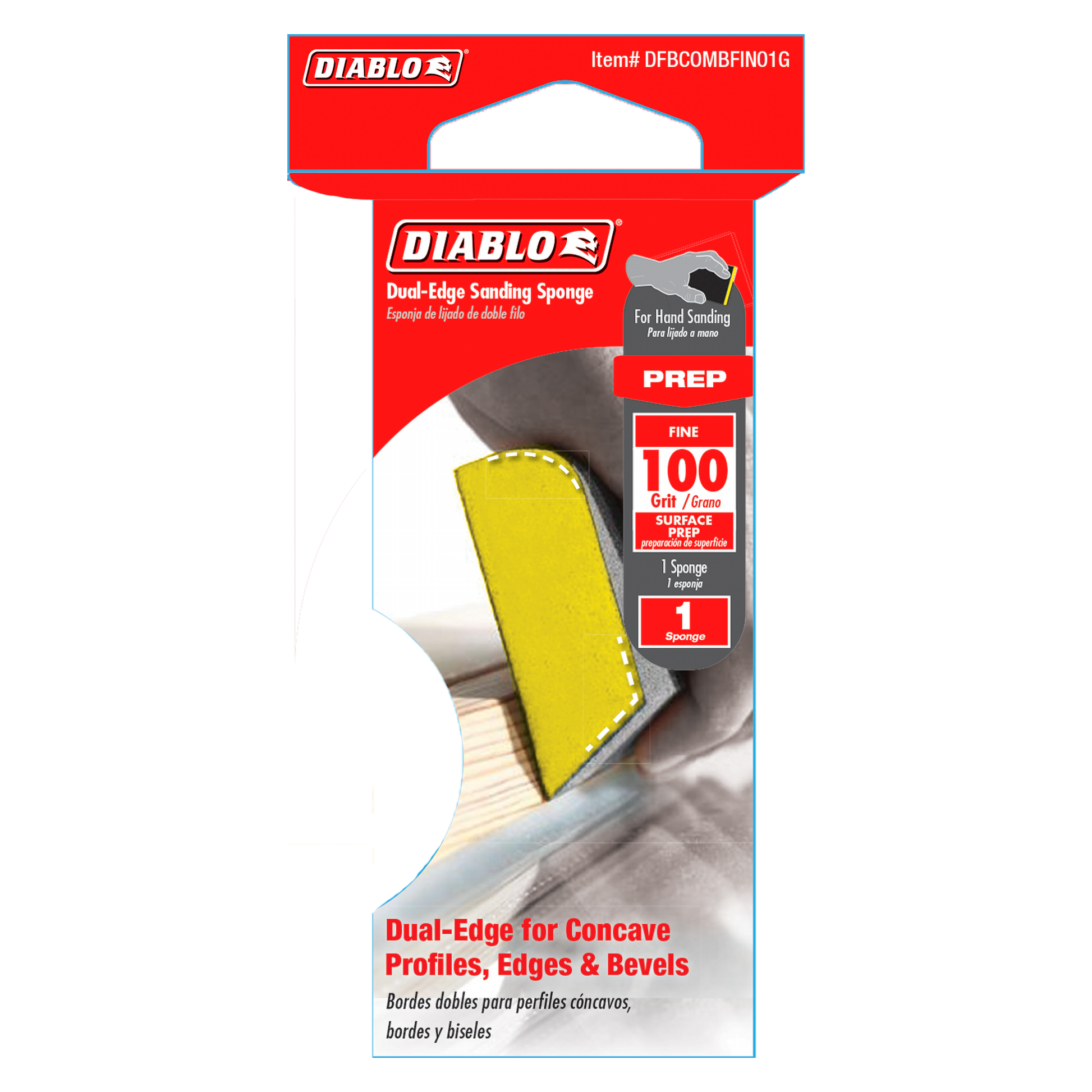 Diablo dual-edge sanding sponge with yellow foam and gray abrasive surfaces, 100-grit fine grit rating.