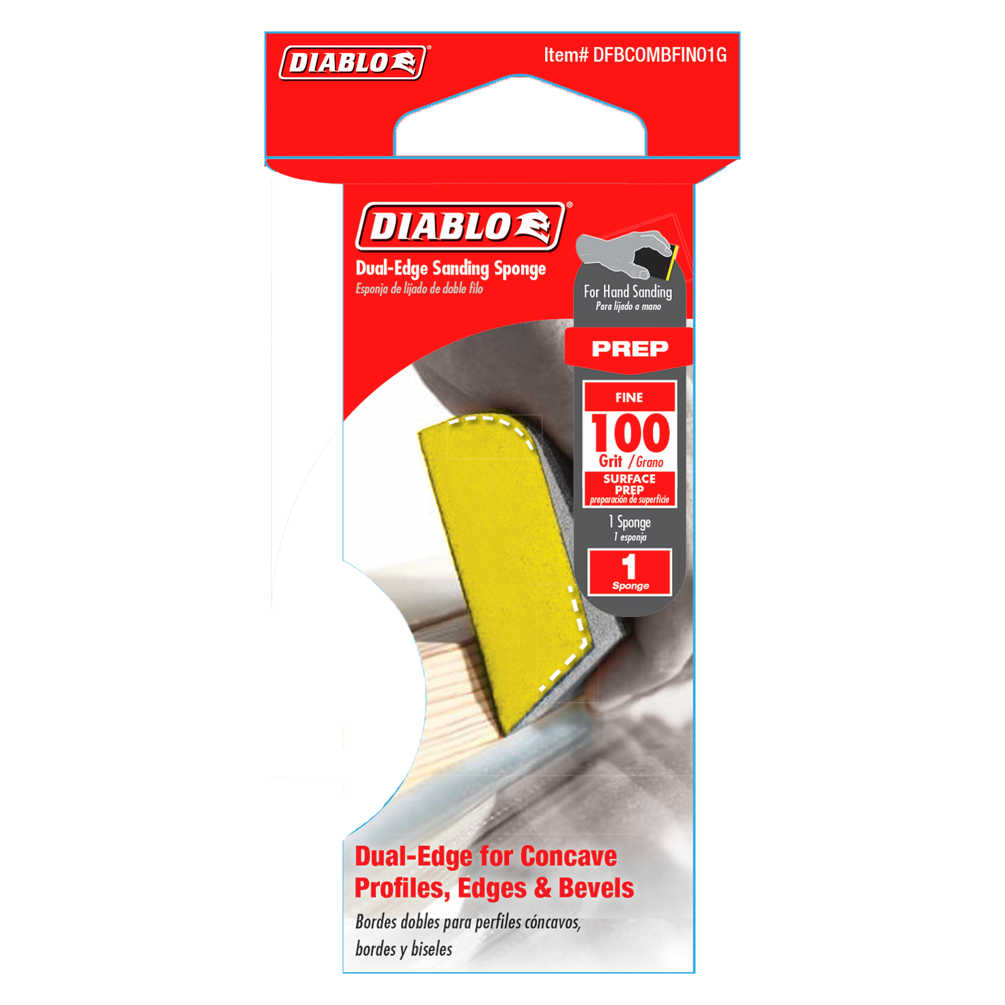 Diablo dual-edge sanding sponge with yellow foam and gray abrasive surfaces, 100-grit fine grit rating.