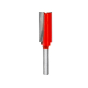 Red and silver router bit with straight cutting flutes and cylindrical shank.