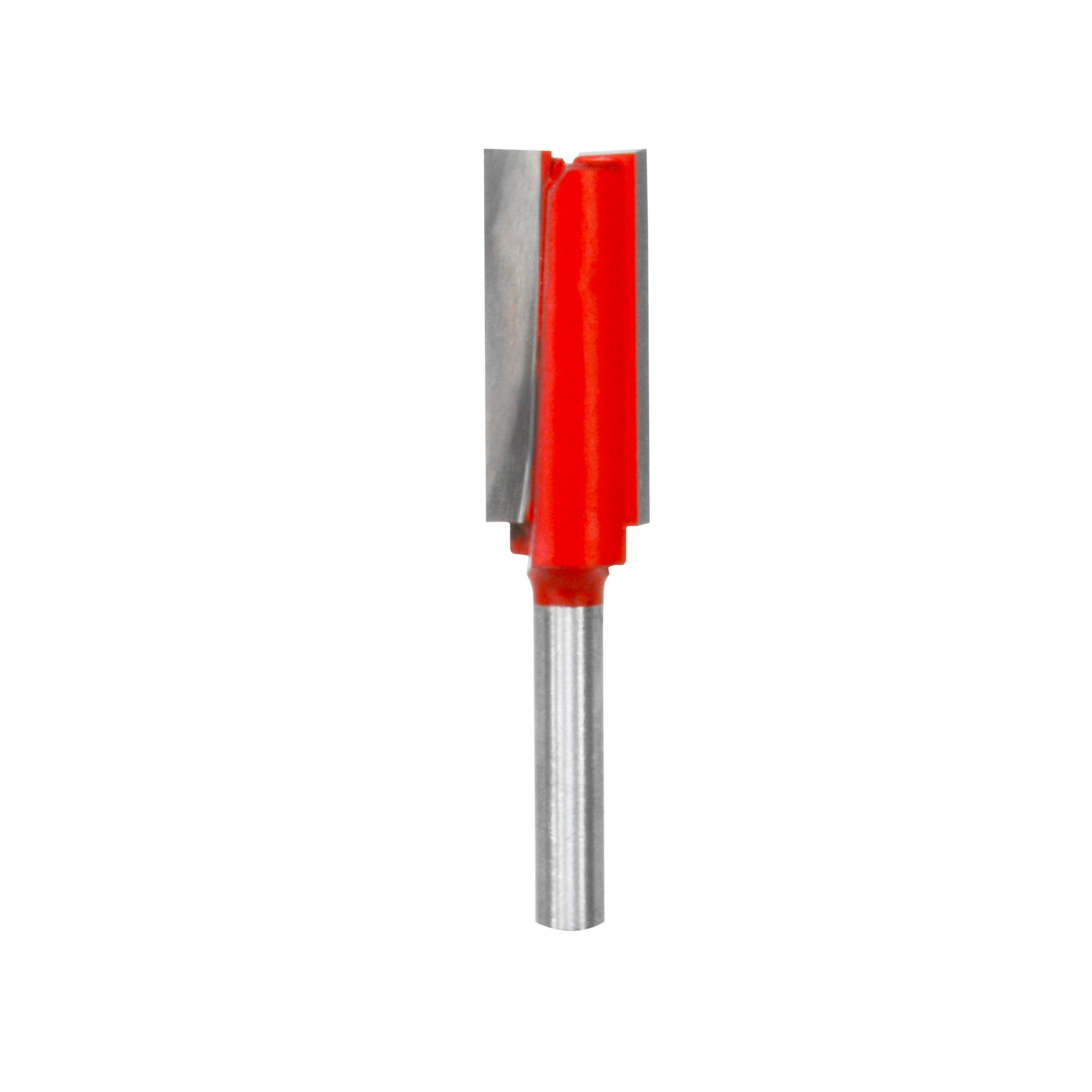 Red and silver router bit with straight cutting flutes and cylindrical shank.