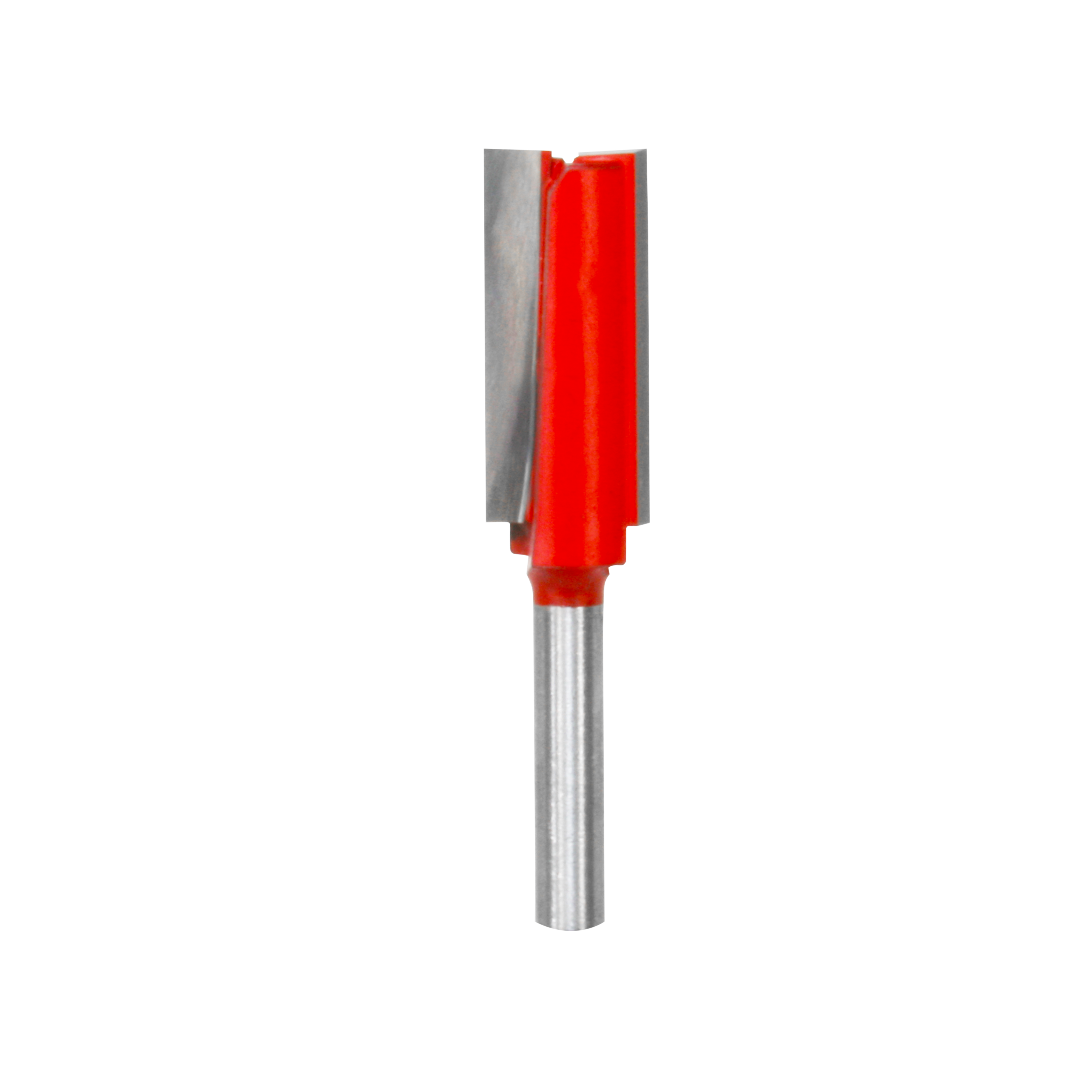 Red and silver router bit with straight cutting flutes and cylindrical shank.