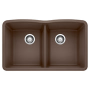 Cafe brown double bowl undermount sink with two equal-sized basins and chrome drain strainers.