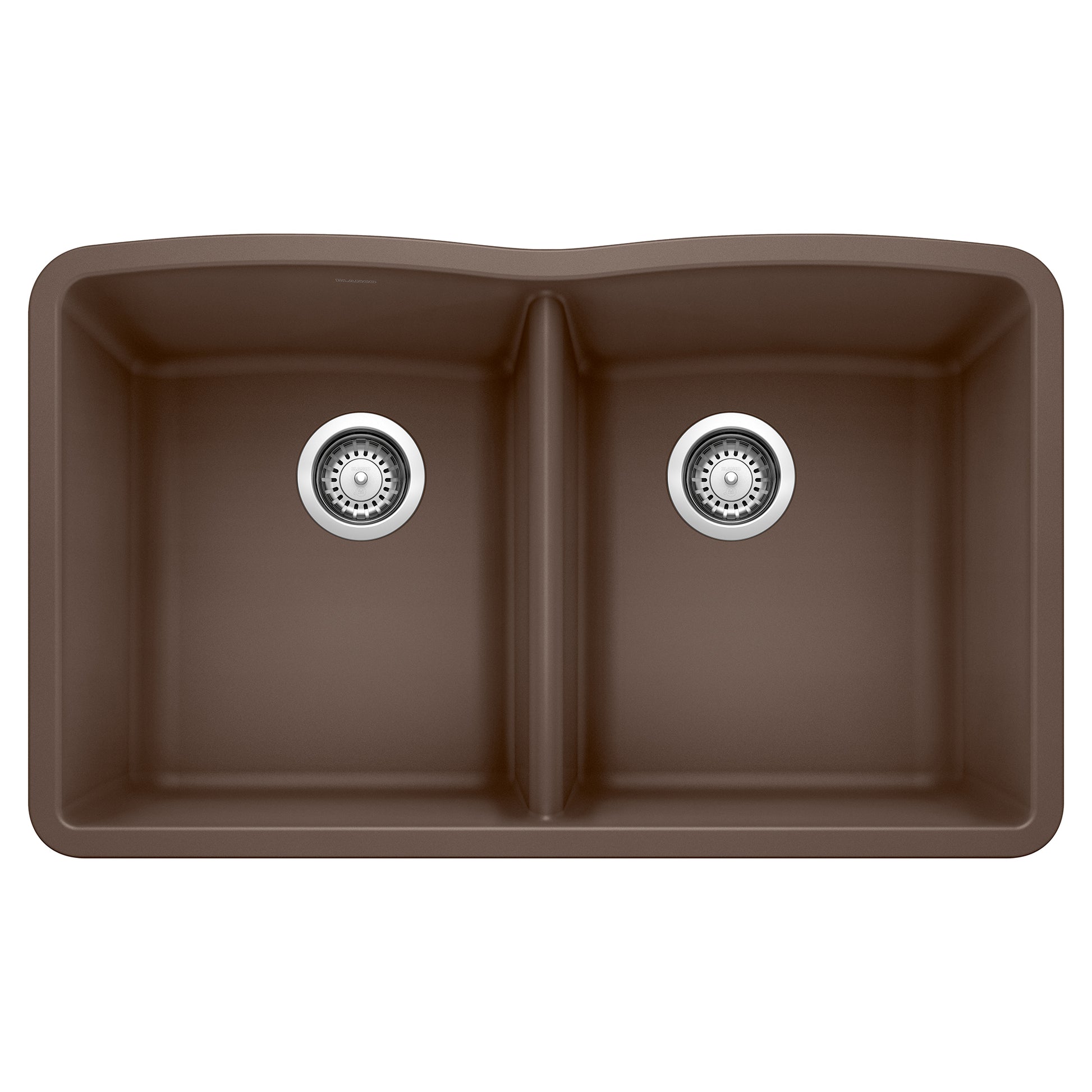 Cafe brown double bowl undermount sink with two equal-sized basins and chrome drain strainers.