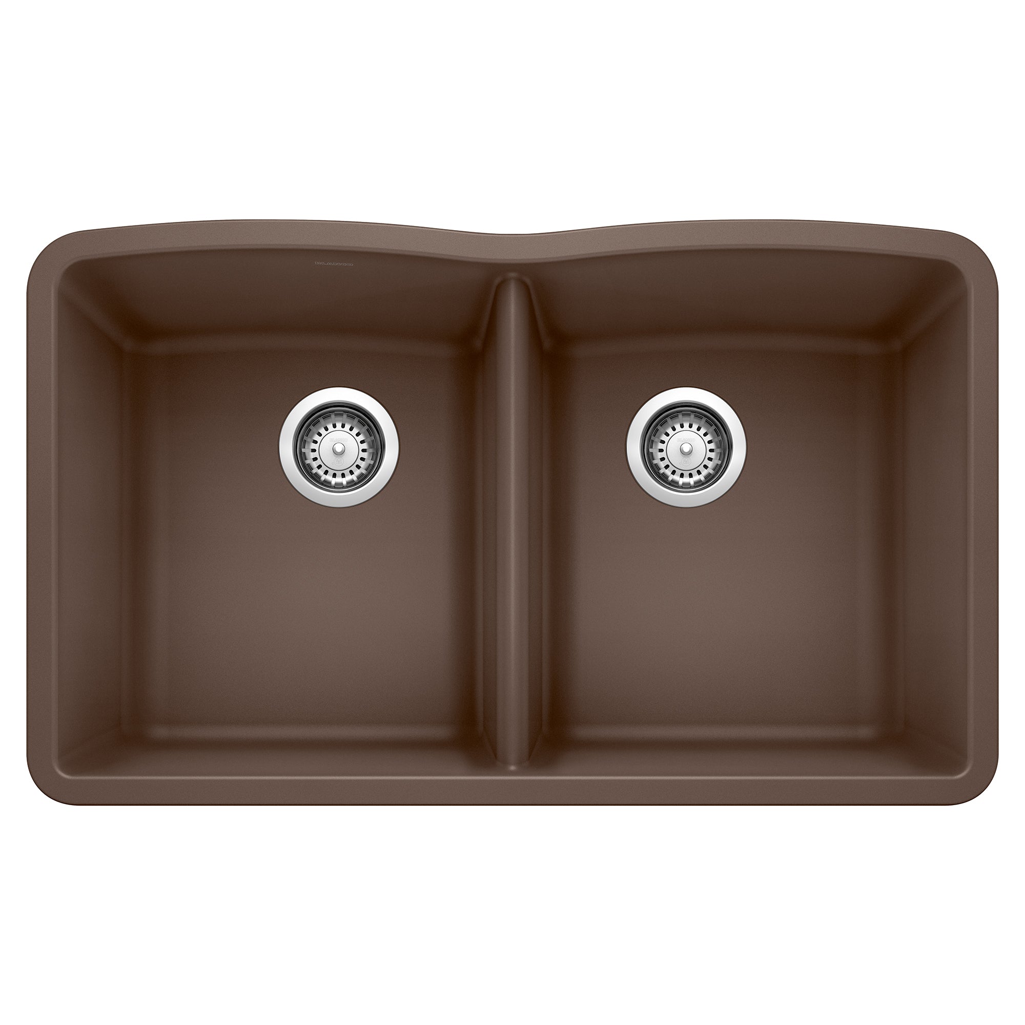 Cafe brown double bowl undermount sink with two equal-sized basins and chrome drain strainers.
