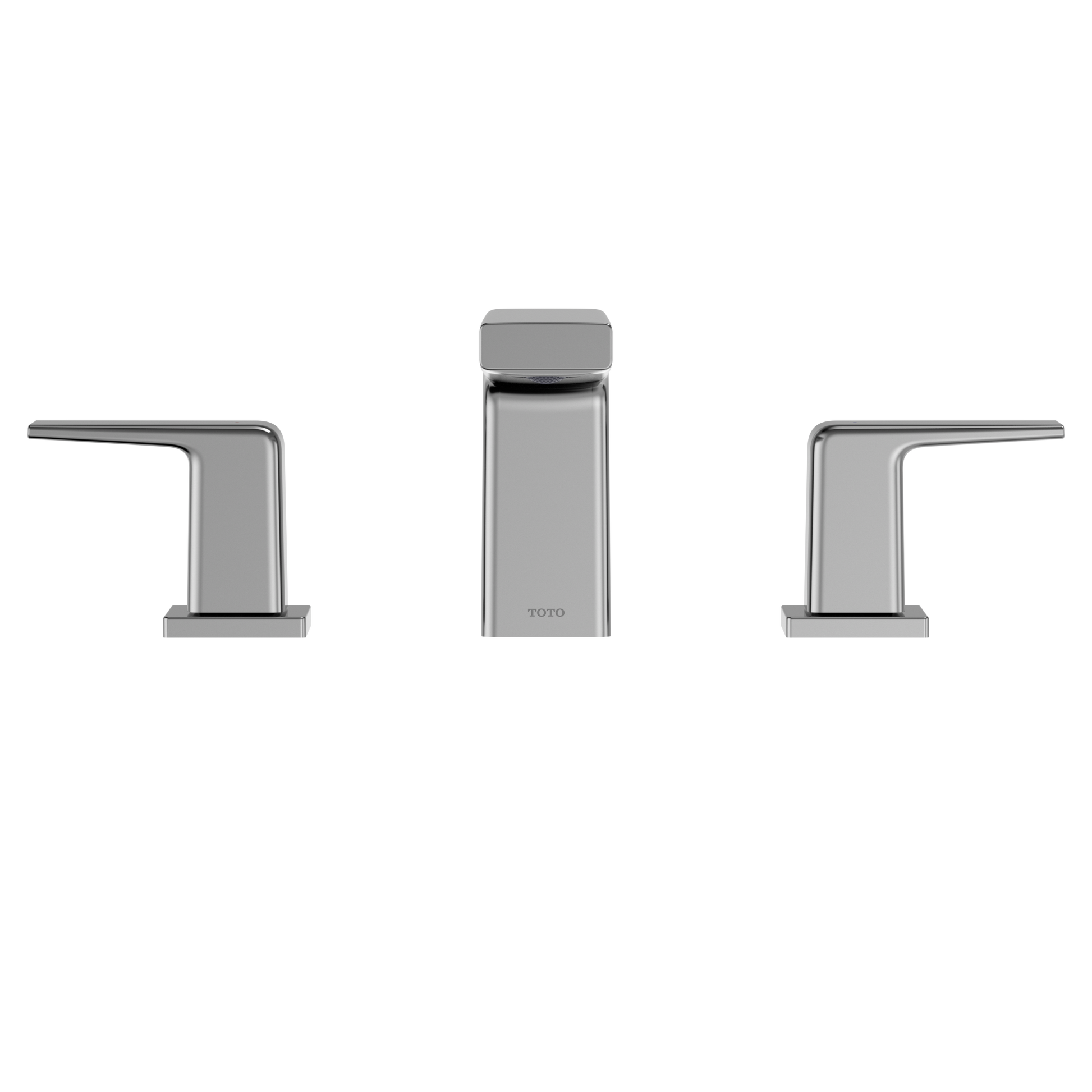 Polished chrome two-handle deck-mount roman tub filler trim with center spout and lever handles on left and right.