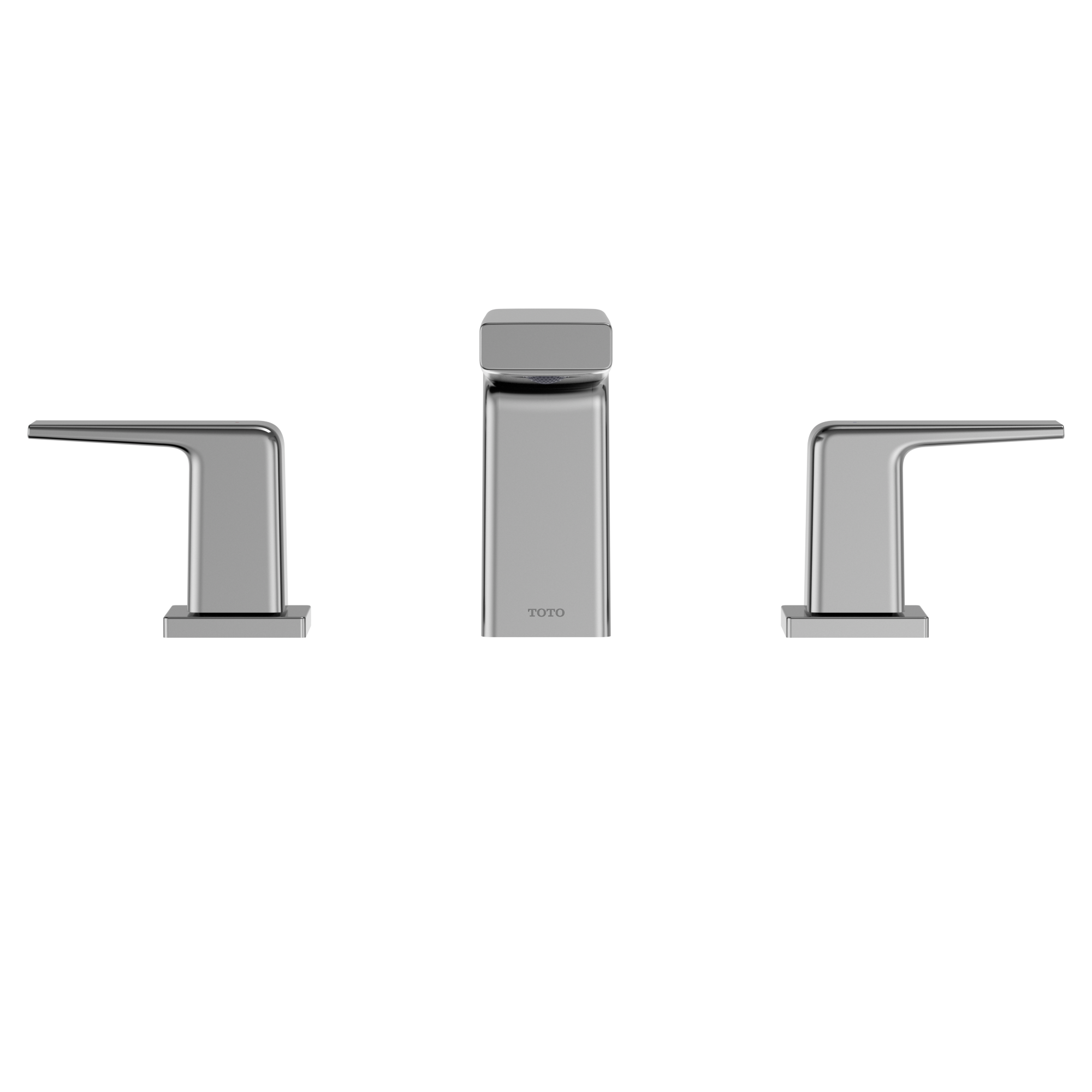 Polished chrome two-handle deck-mount roman tub filler trim with center spout and lever handles on left and right.