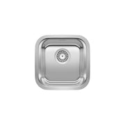 Stainless steel undermount bar sink with rounded square shape and integrated drain strainer.