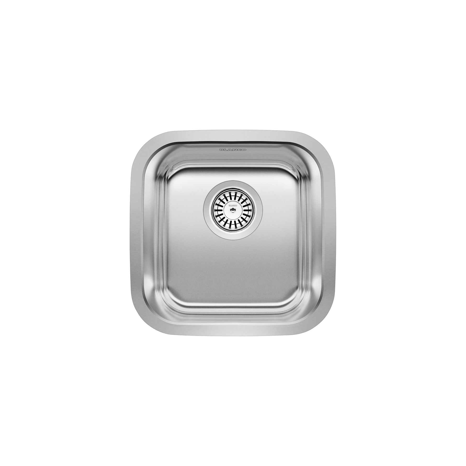 Stainless steel undermount bar sink with rounded square shape and integrated drain strainer.