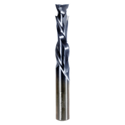 Black and silver compression router bit with twisted flute design and cylindrical metal shank.