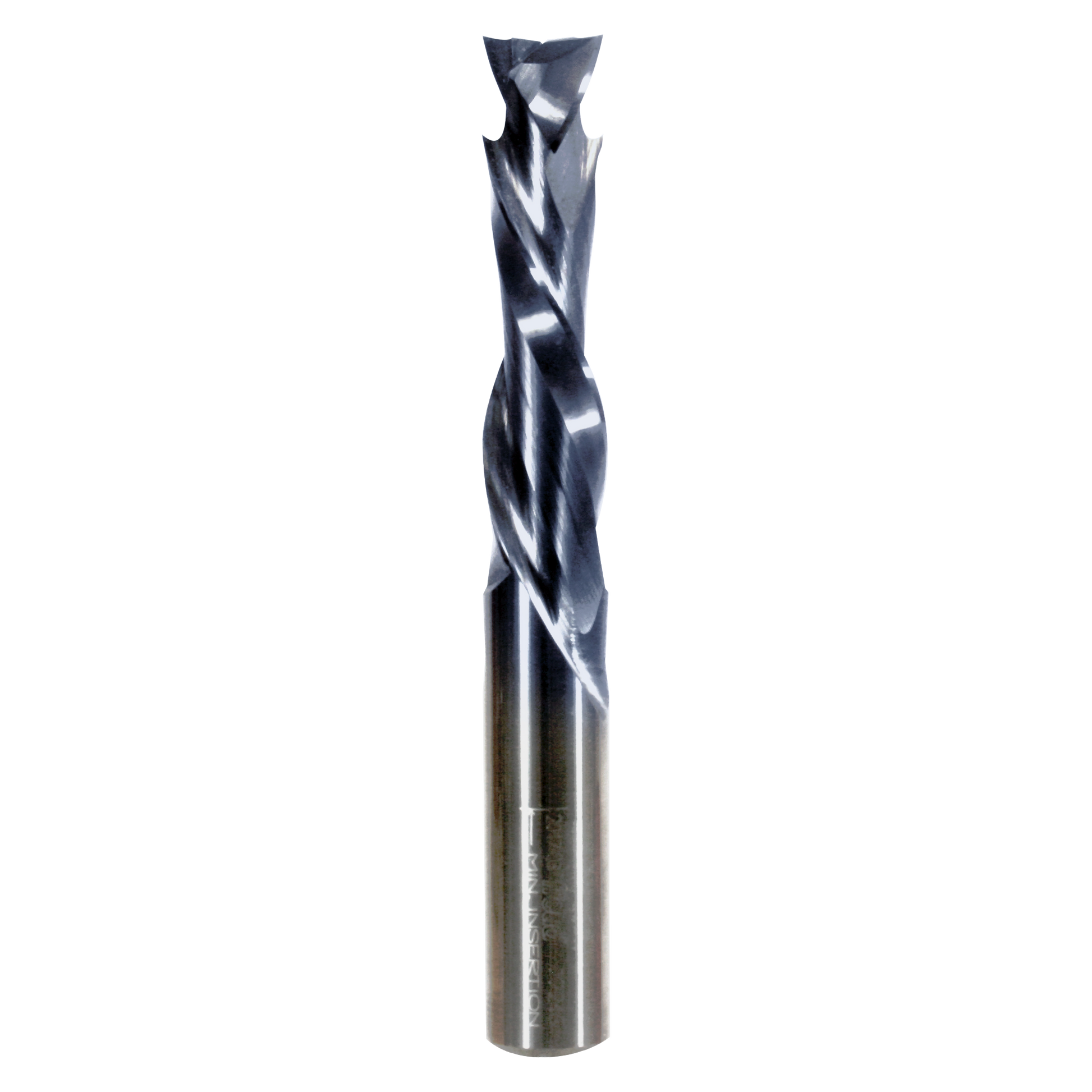 Black and silver compression router bit with twisted flute design and cylindrical metal shank.