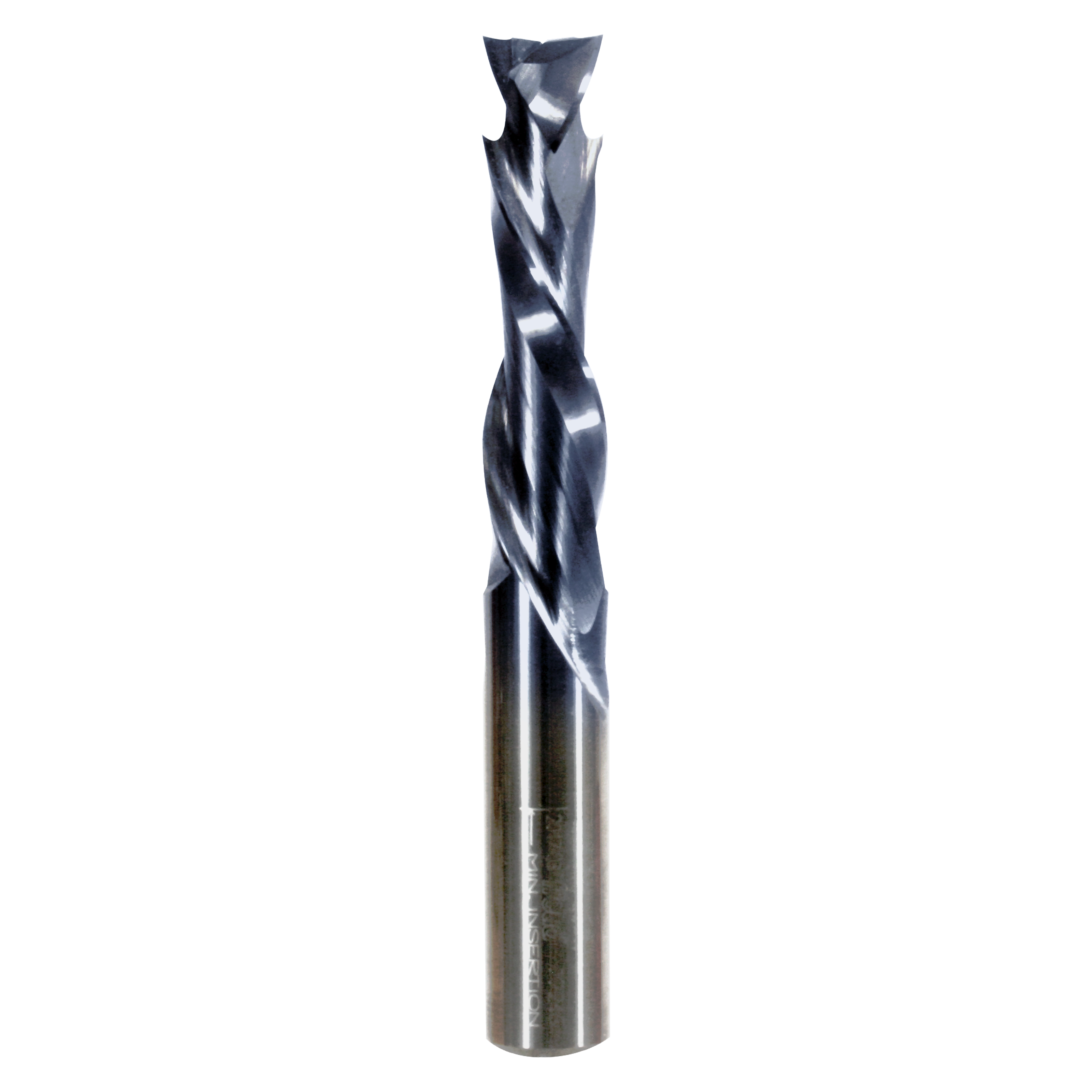 Black and silver compression router bit with twisted flute design and cylindrical metal shank.