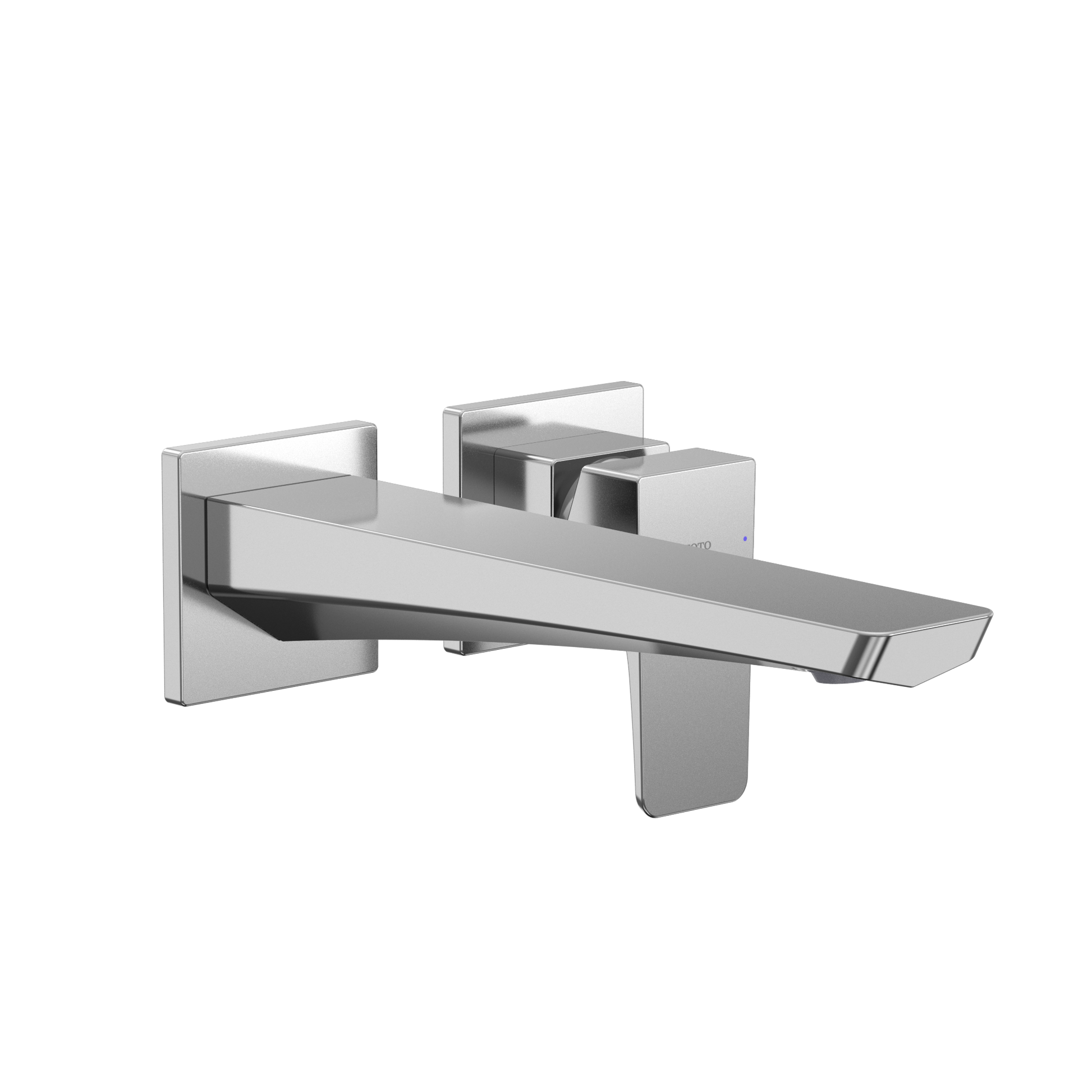 Polished chrome wall-mount bathroom faucet with single handle and extended spout.
