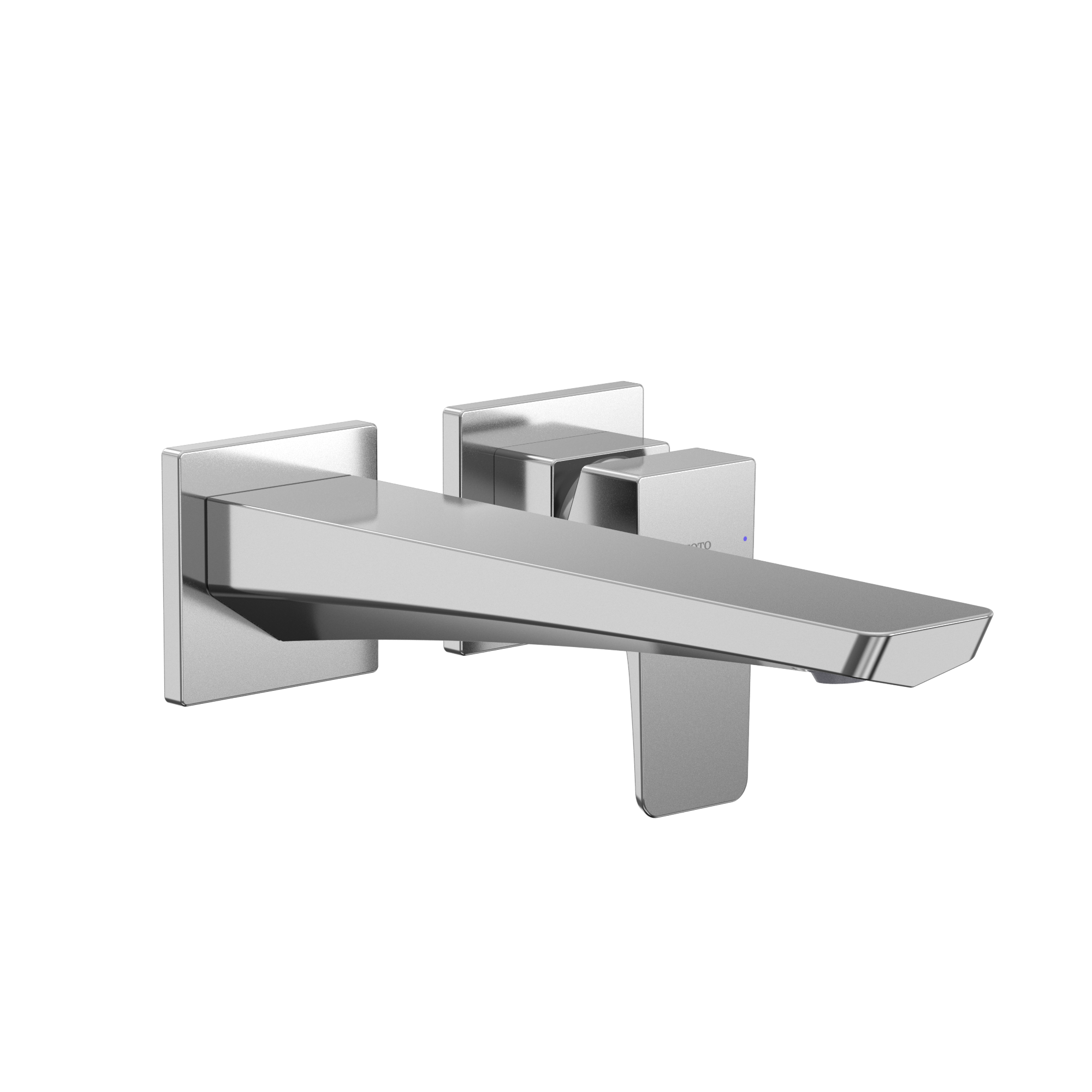 Polished chrome wall-mount bathroom faucet with single handle and extended spout.