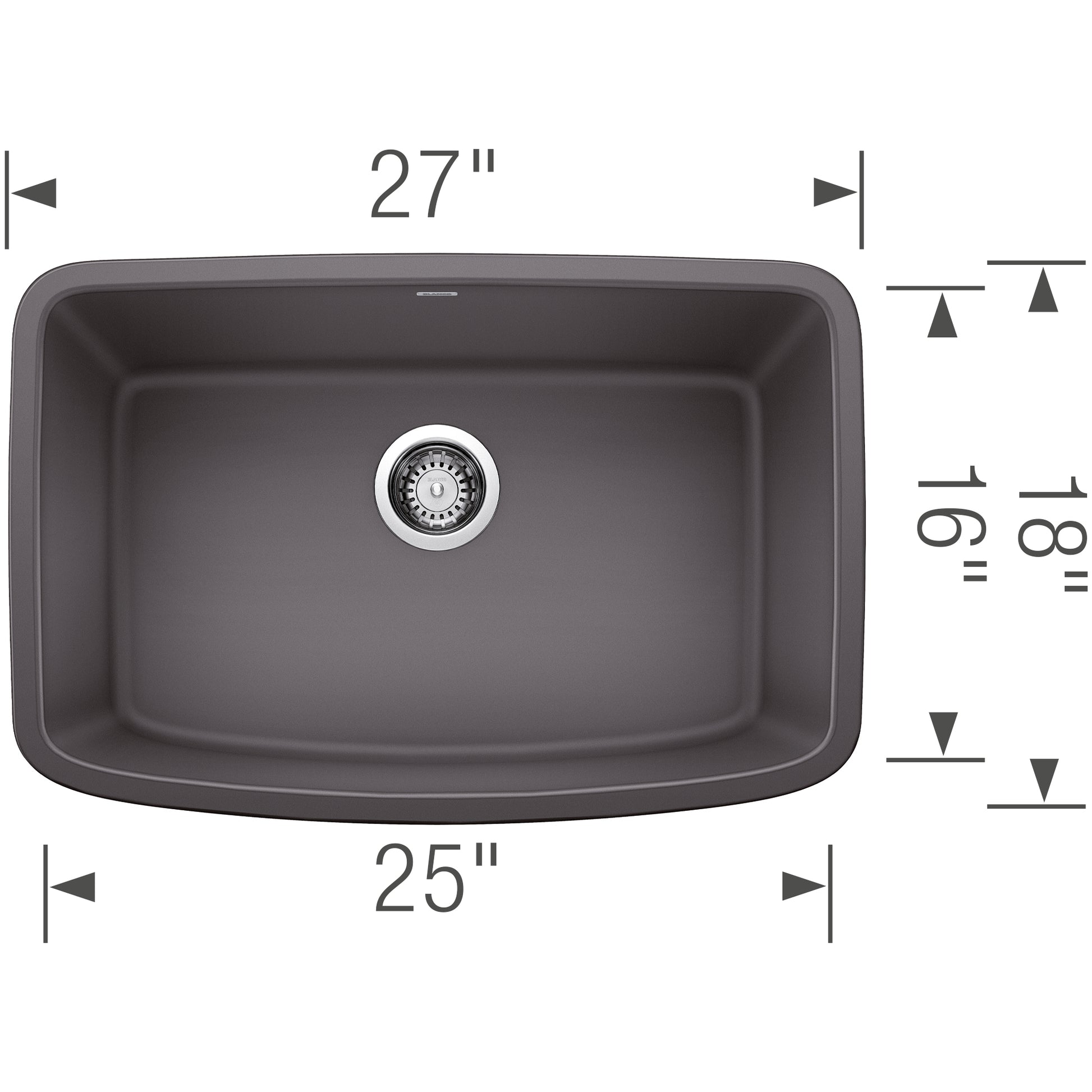 Dark gray single undermount kitchen sink, 27" wide, with rounded corners and chrome drain strainer, shown from above.