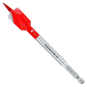 Red and silver spade bit with serrated edges and hexagonal shank for power drilling.