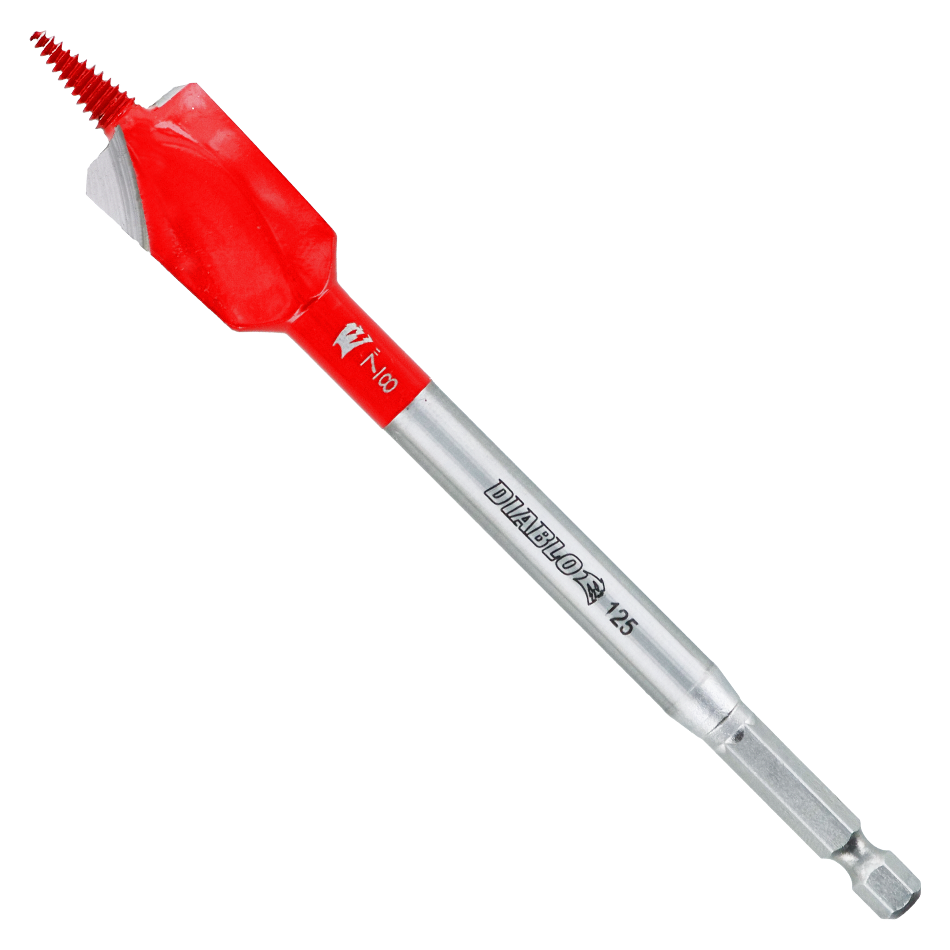 Red and silver spade bit with serrated edges and hexagonal shank for power drilling.