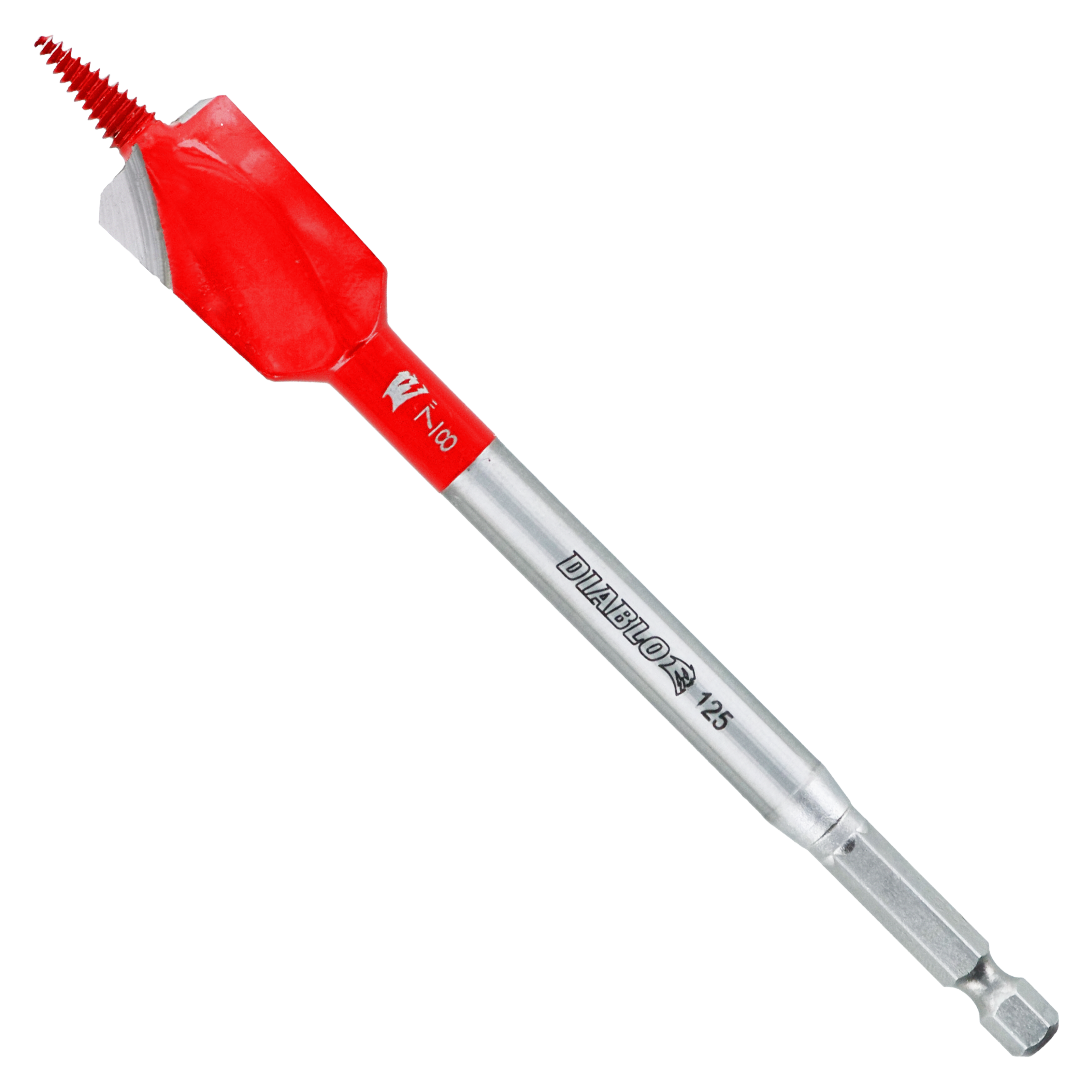 Red and silver spade bit with serrated edges and hexagonal shank for power drilling.