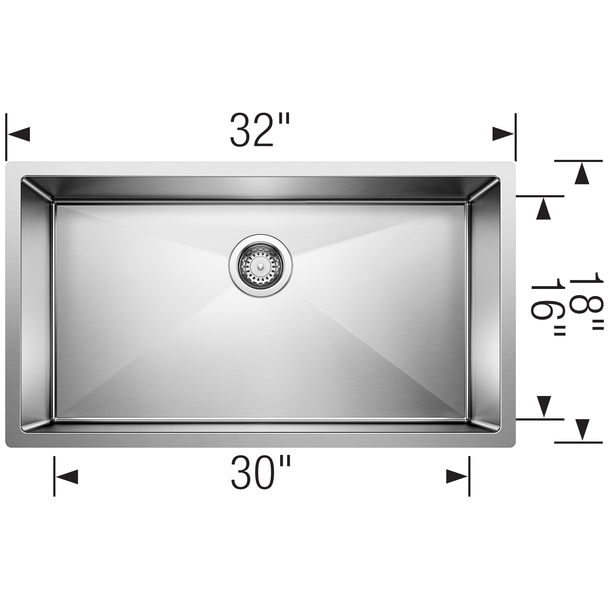 Stainless steel single bowl undermount sink with drain, 32" width x 19" depth, top-mount dimensions shown.