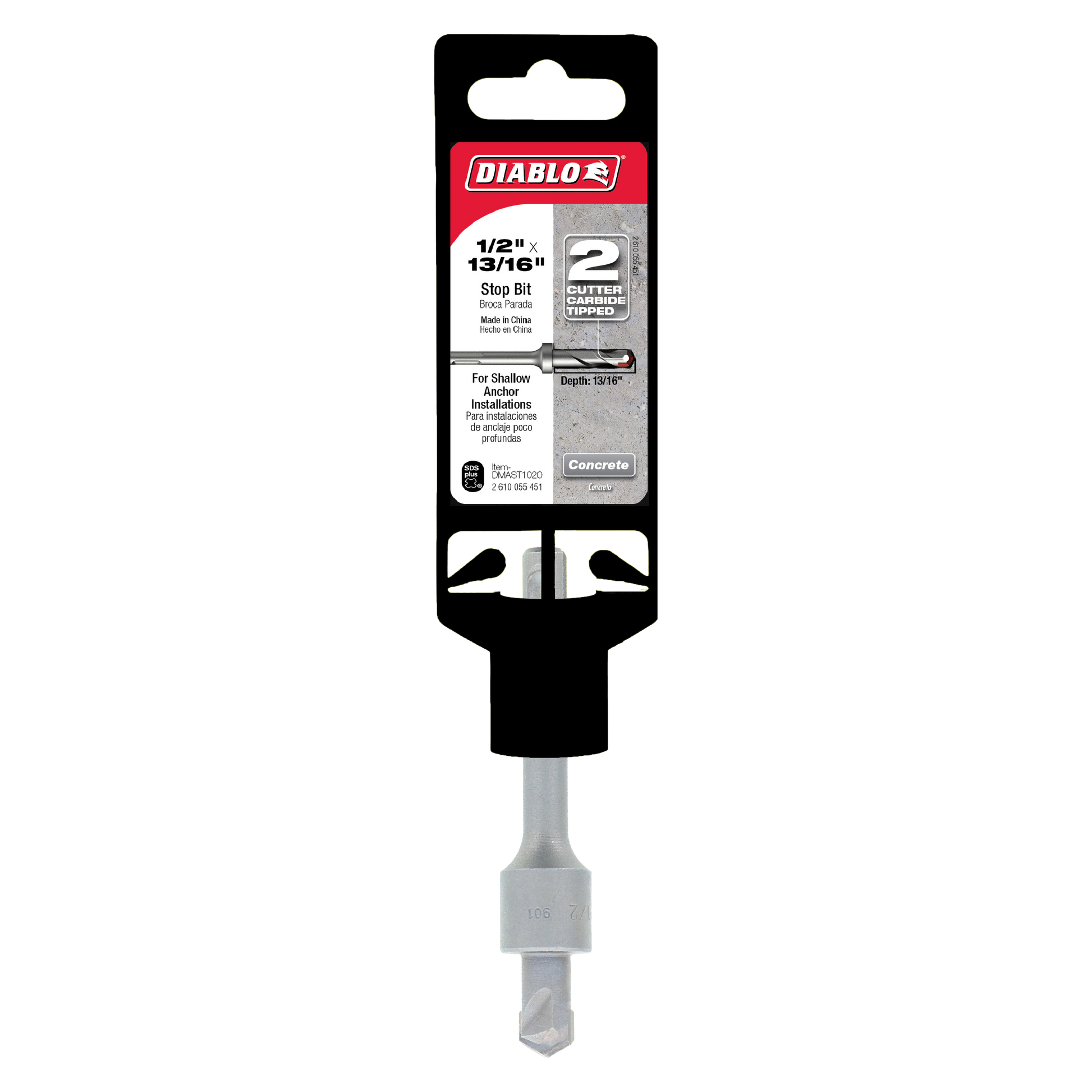 Diablo SDS-Plus stop bit with black packaging above gray metal shaft and pointed tip.