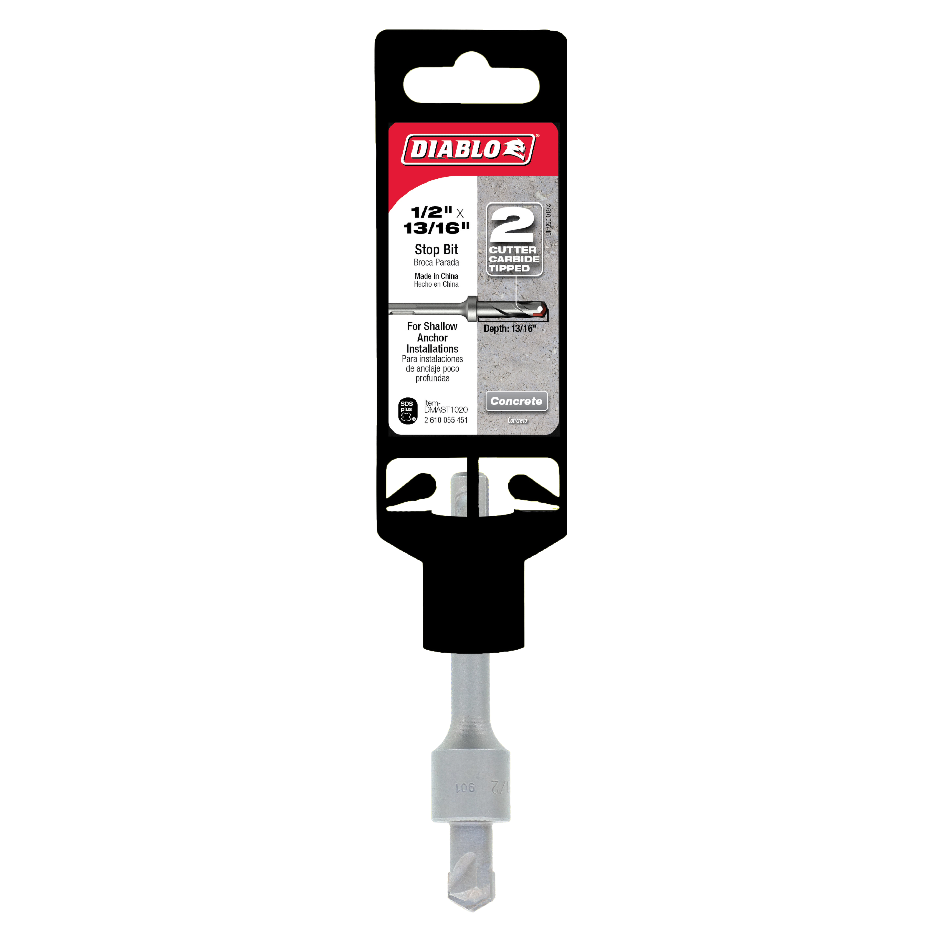 Diablo SDS-Plus stop bit with black packaging above gray metal shaft and pointed tip.