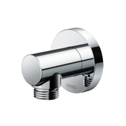Round brushed nickel wall outlet with cylindrical spout and threaded connection for handshower.