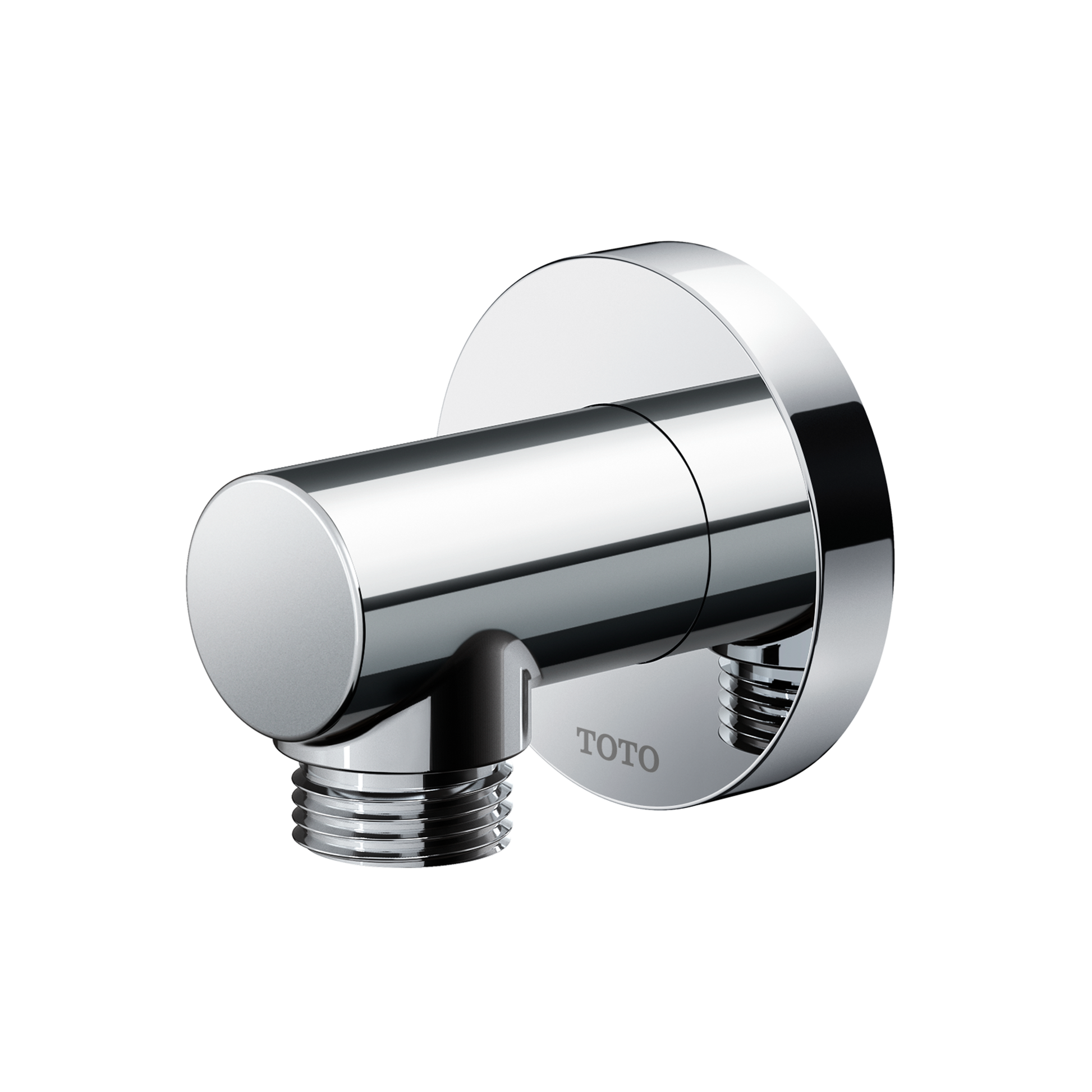 Round brushed nickel wall outlet with cylindrical spout and threaded connection for handshower.