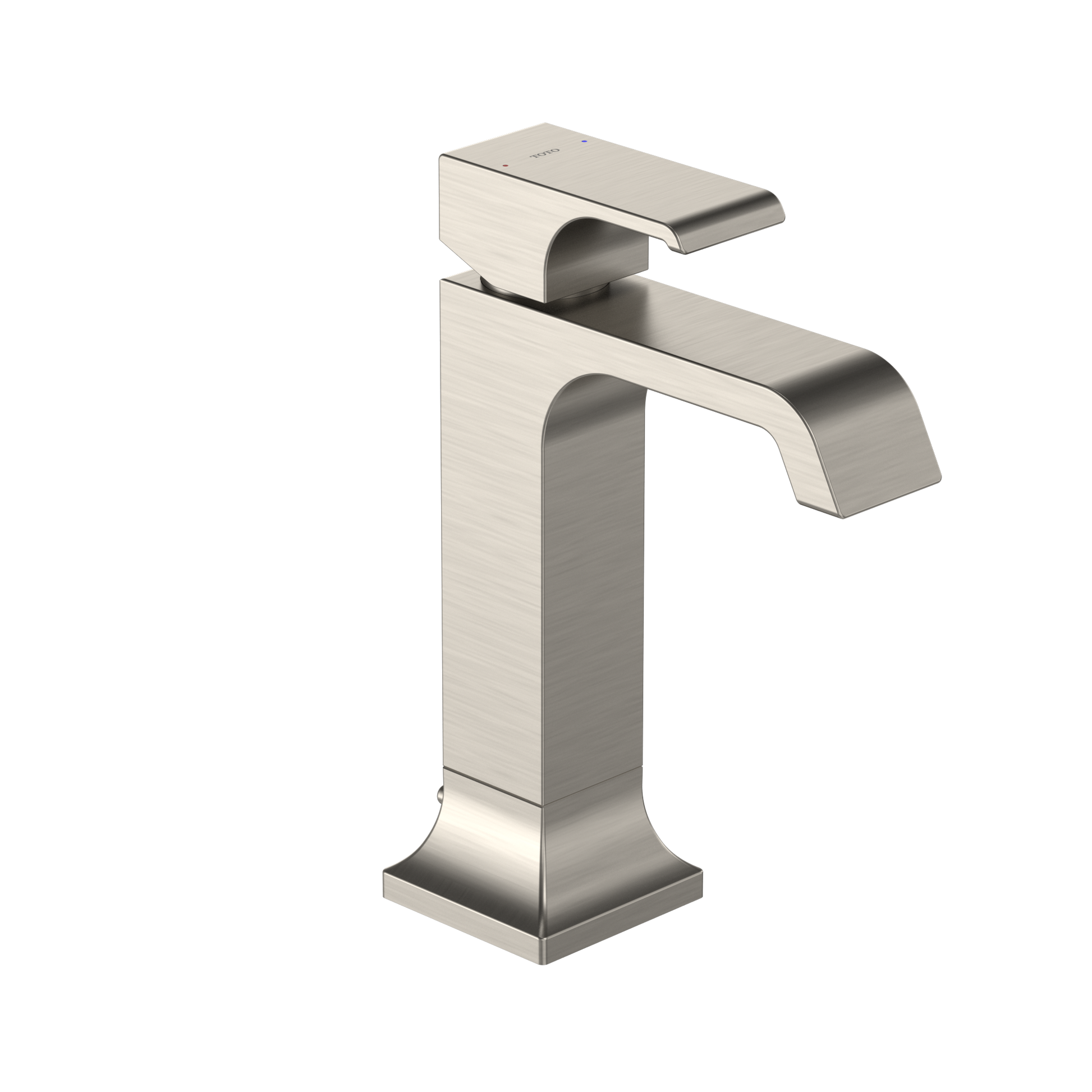 Brushed nickel single-handle bathroom sink faucet with curved spout and square base.