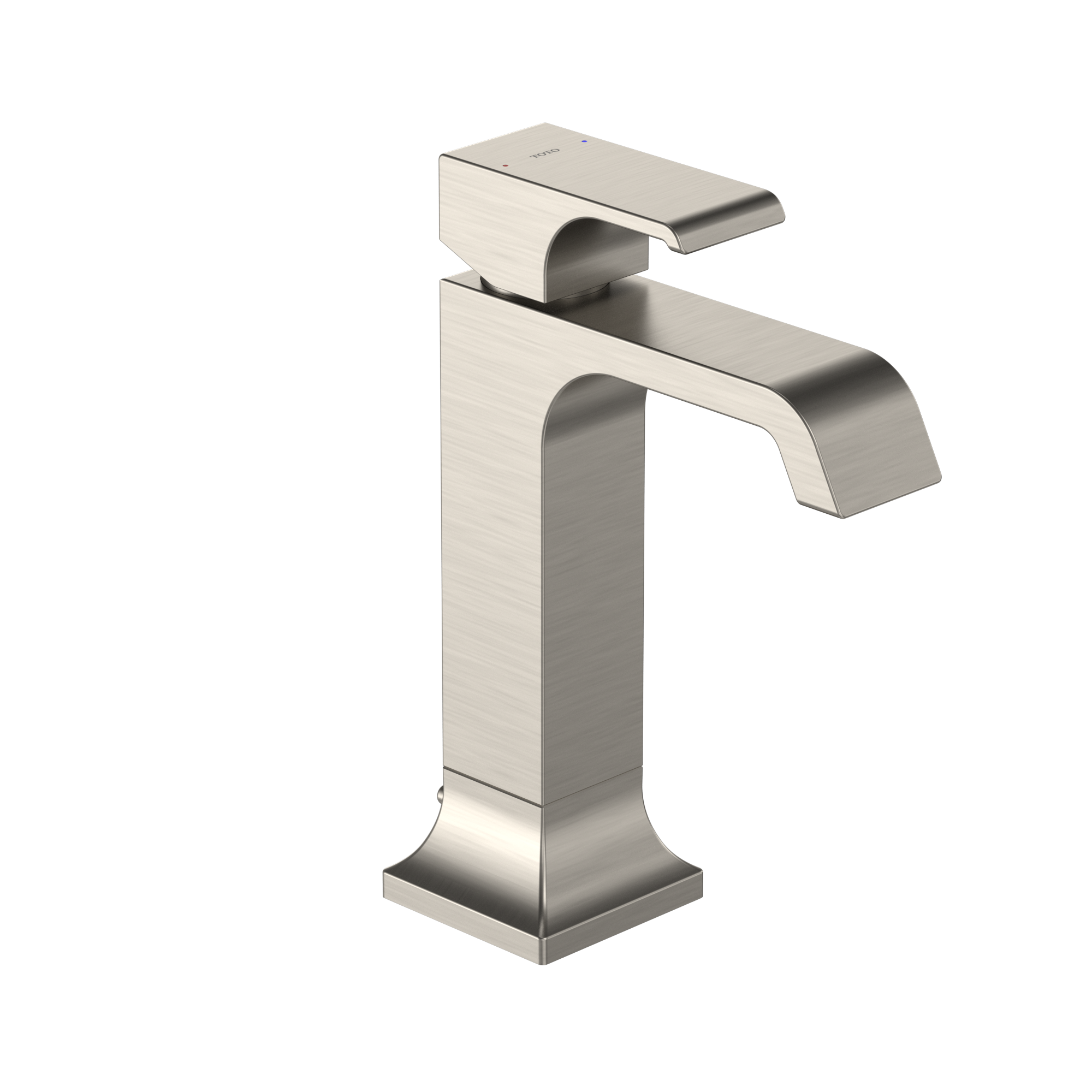Brushed nickel single-handle bathroom sink faucet with curved spout and square base.