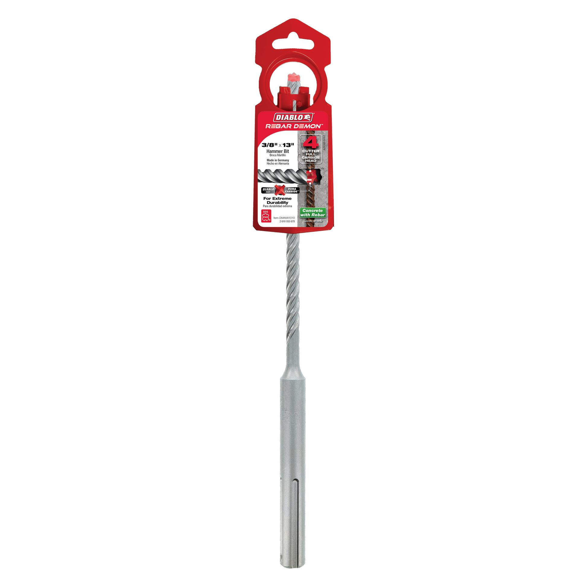 SDS-Max hammer drill bit with gray spiral flutes and carbide head tip, attached to red Diablo packaging card.