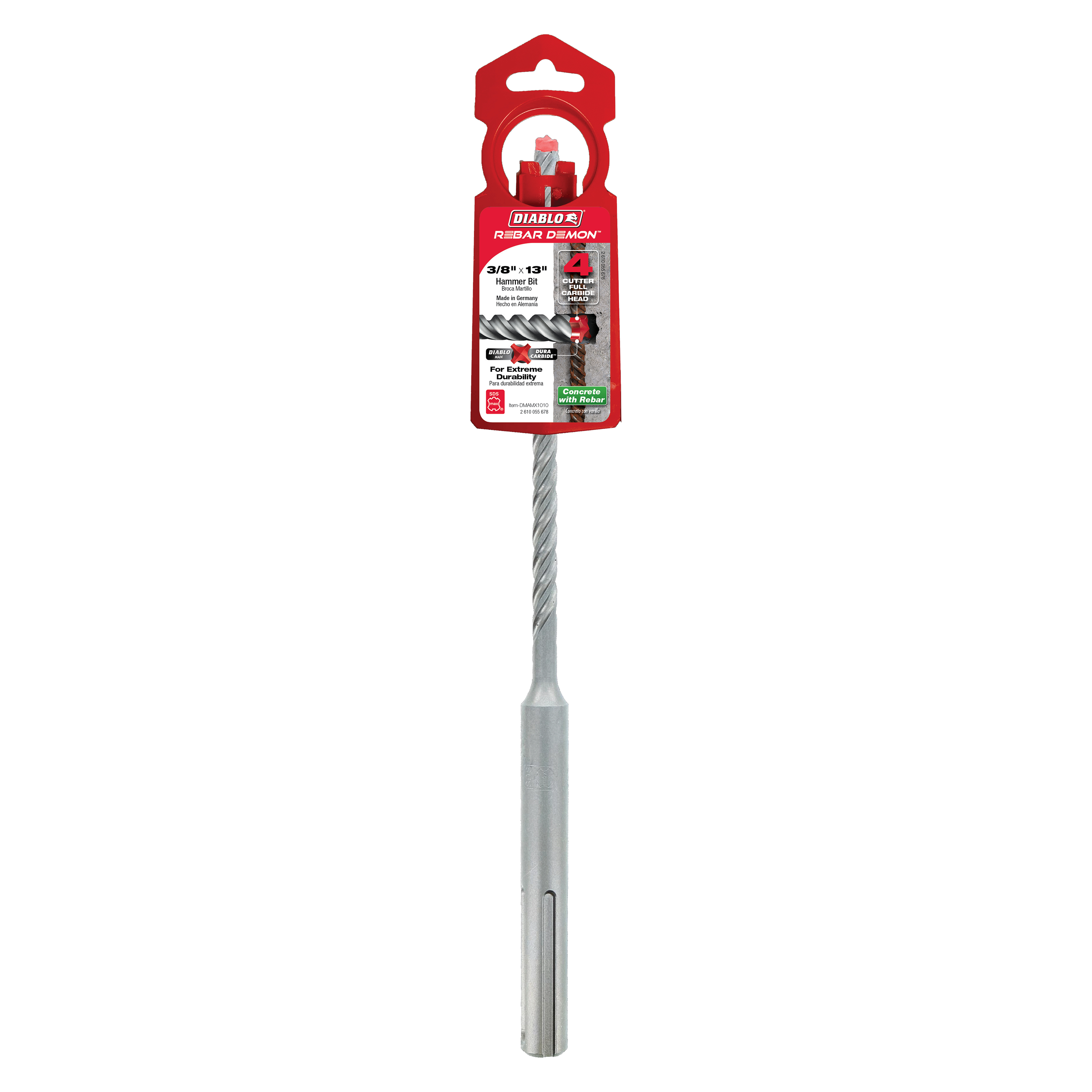 SDS-Max hammer drill bit with gray spiral flutes and carbide head tip, attached to red Diablo packaging card.