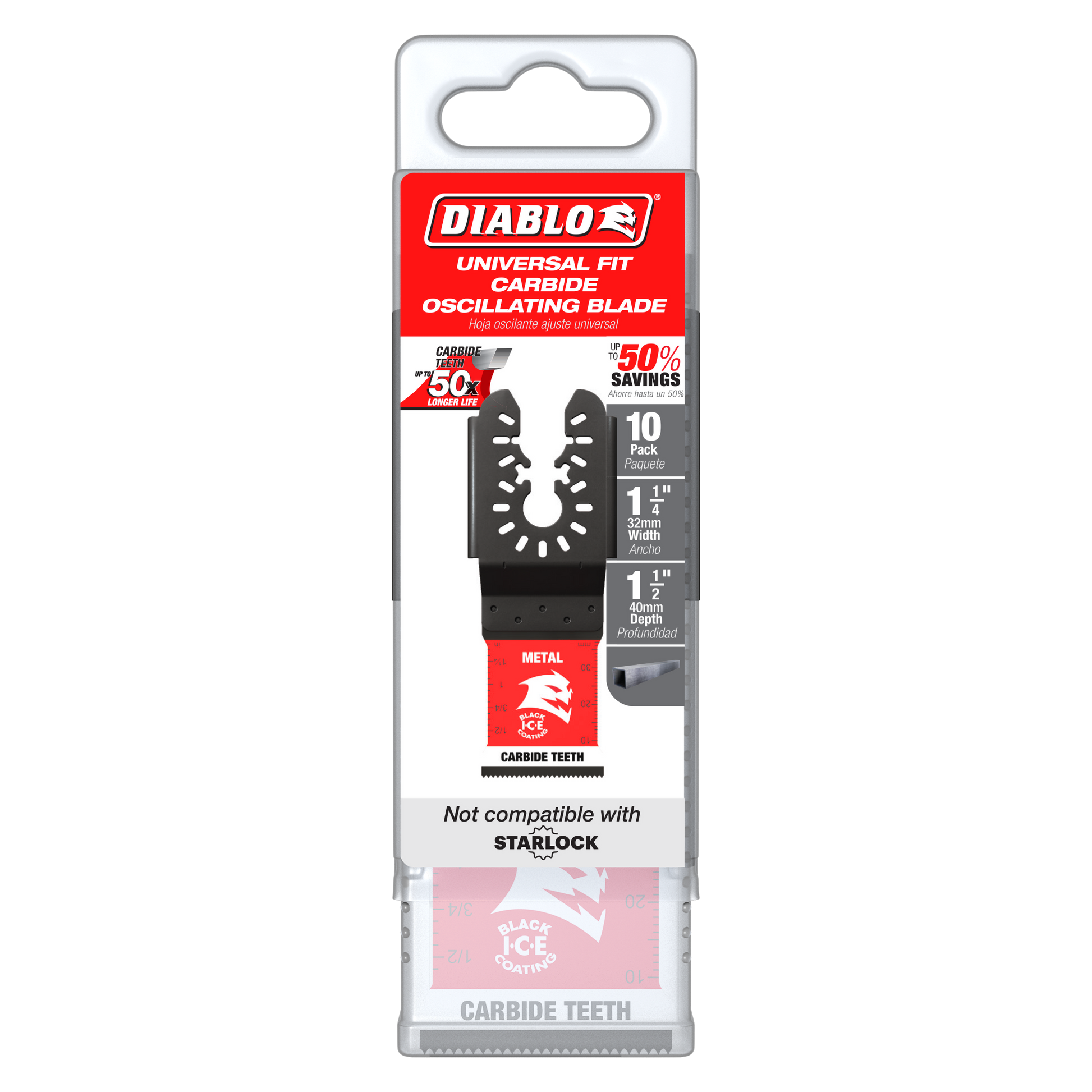 Diablo 1-1/4 inch universal fit carbide oscillating blade with serrated teeth in clear retail packaging.